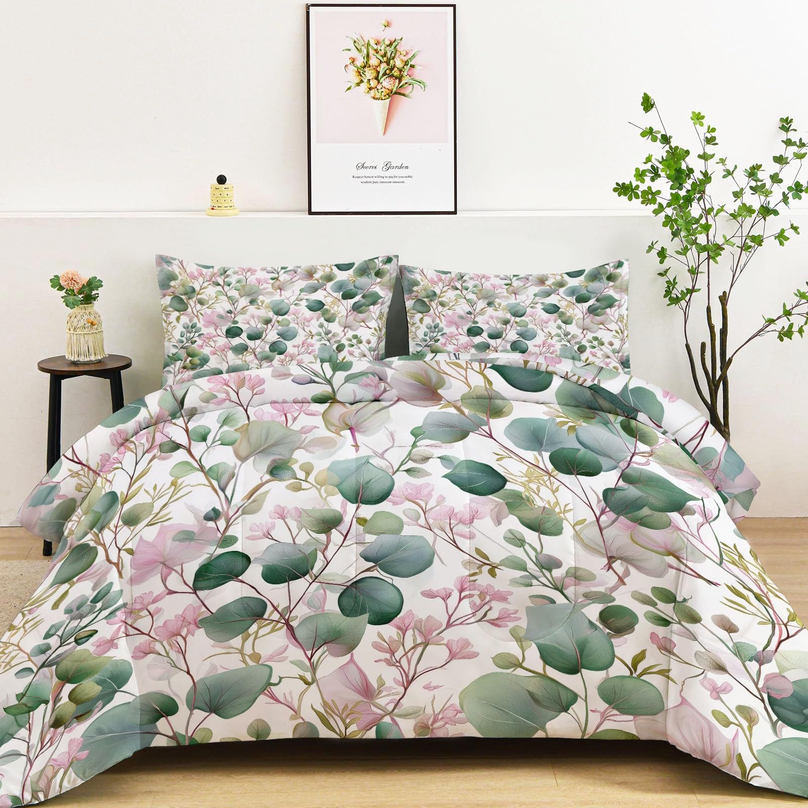 Bettdecke 4-Jahreszeiten Steppdecke in 135x200 cm mit Pflanzen Eukalyptusblätter Wildblumen, Warme und Weiche Schlafdecke ohne Bezug mit 2 Kissenbezügen, Rosa Grün