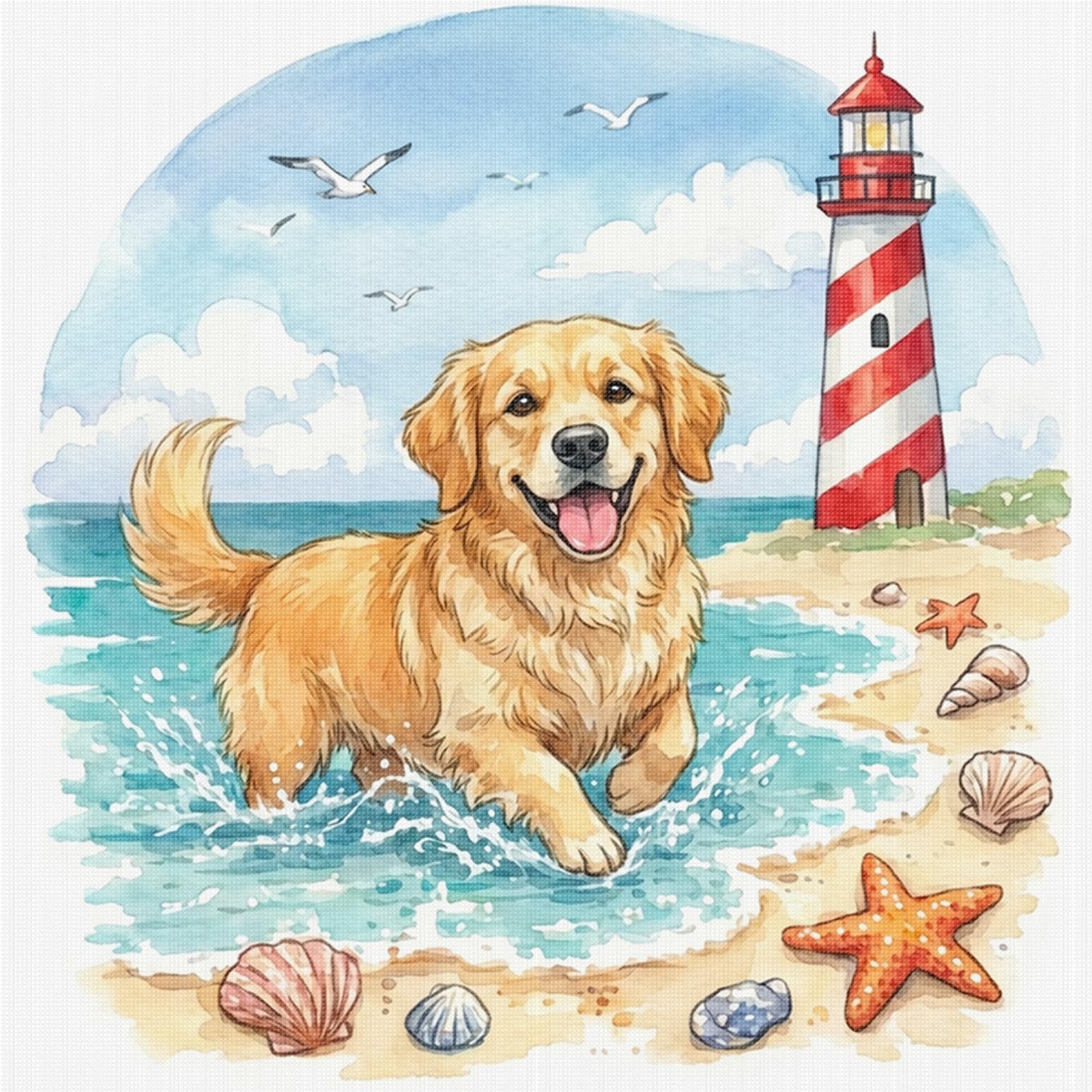 Golden Retriever on The Beach Full 14CT DIY Stamped Cross Stitch Kits 11.81x11.81inch Embroidery Needlepoint Starter Kits for Beginners Adults Home Decor