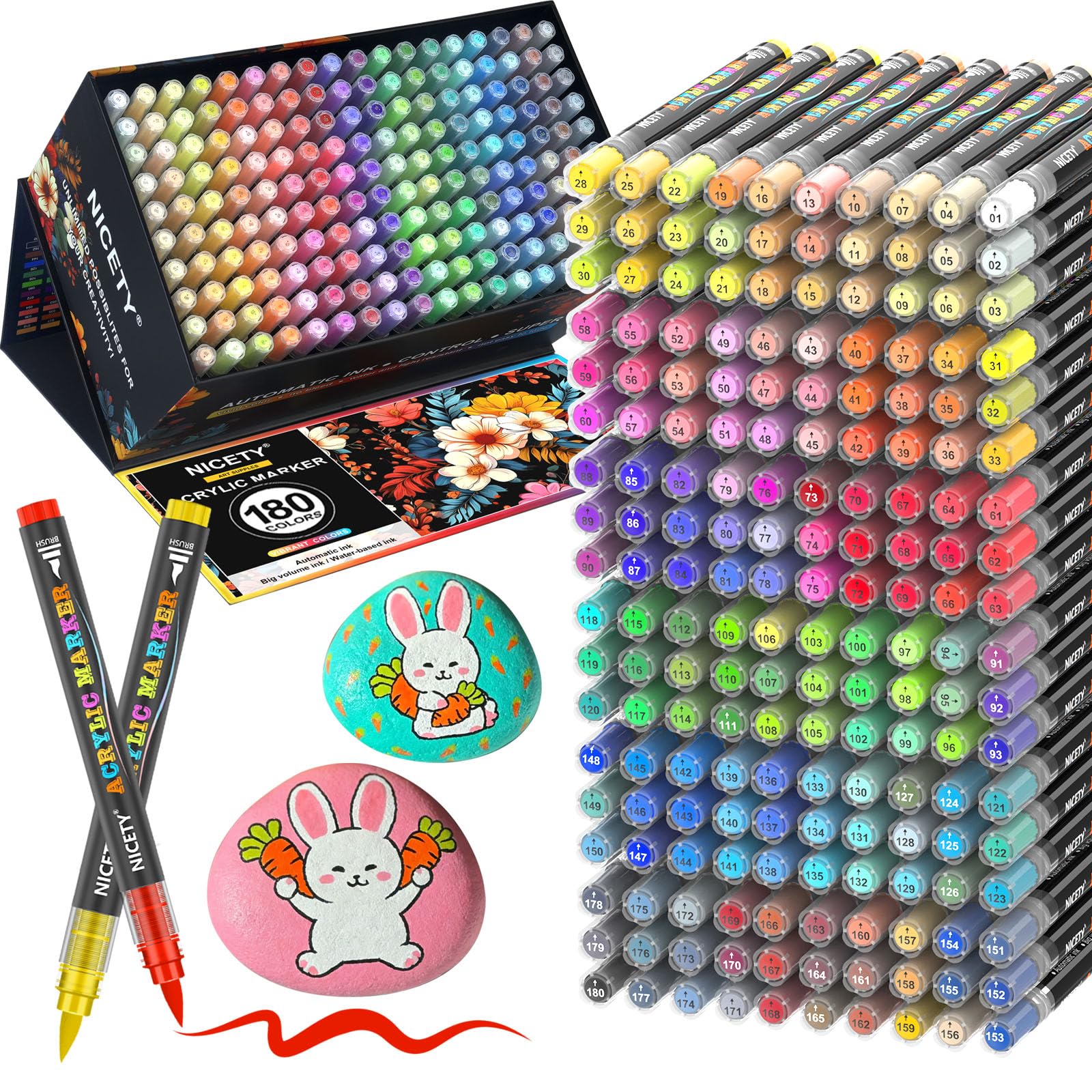 NICETY 180 Acrylic Paint Markers, Acrylic Paint Pens Brush Tip for Rock Painting, Wood, Glass, Stone, Canvas, Ceramic, Fabric - Acrylic Markers DIY Craft & Art Supplies for Adults, Artists
