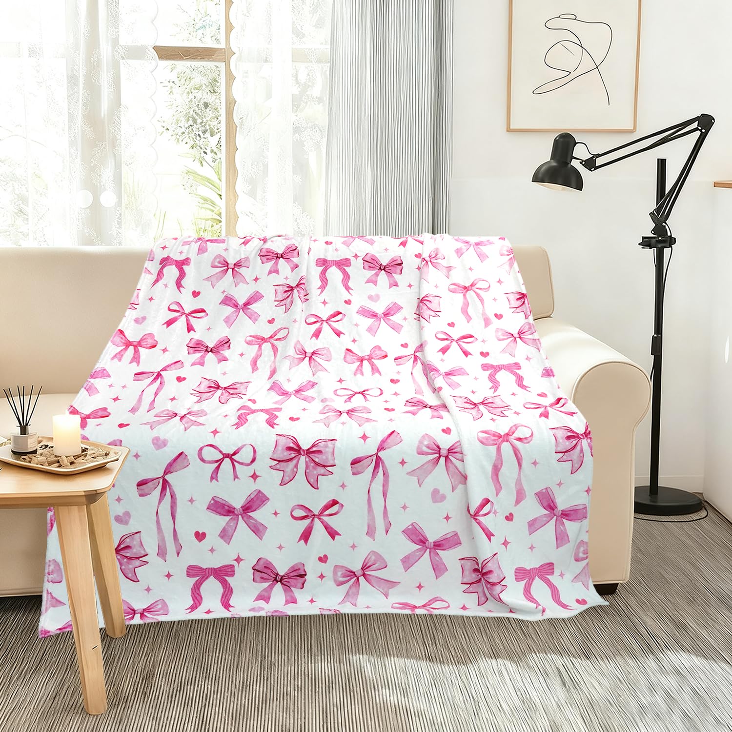 Pink Bow Flannel Blanket 50x60 Inch - Soft Warm Cozy Throw for Sofa/Chair/Bed, Pink Bow Home Decor, Gift for Girls Women Family