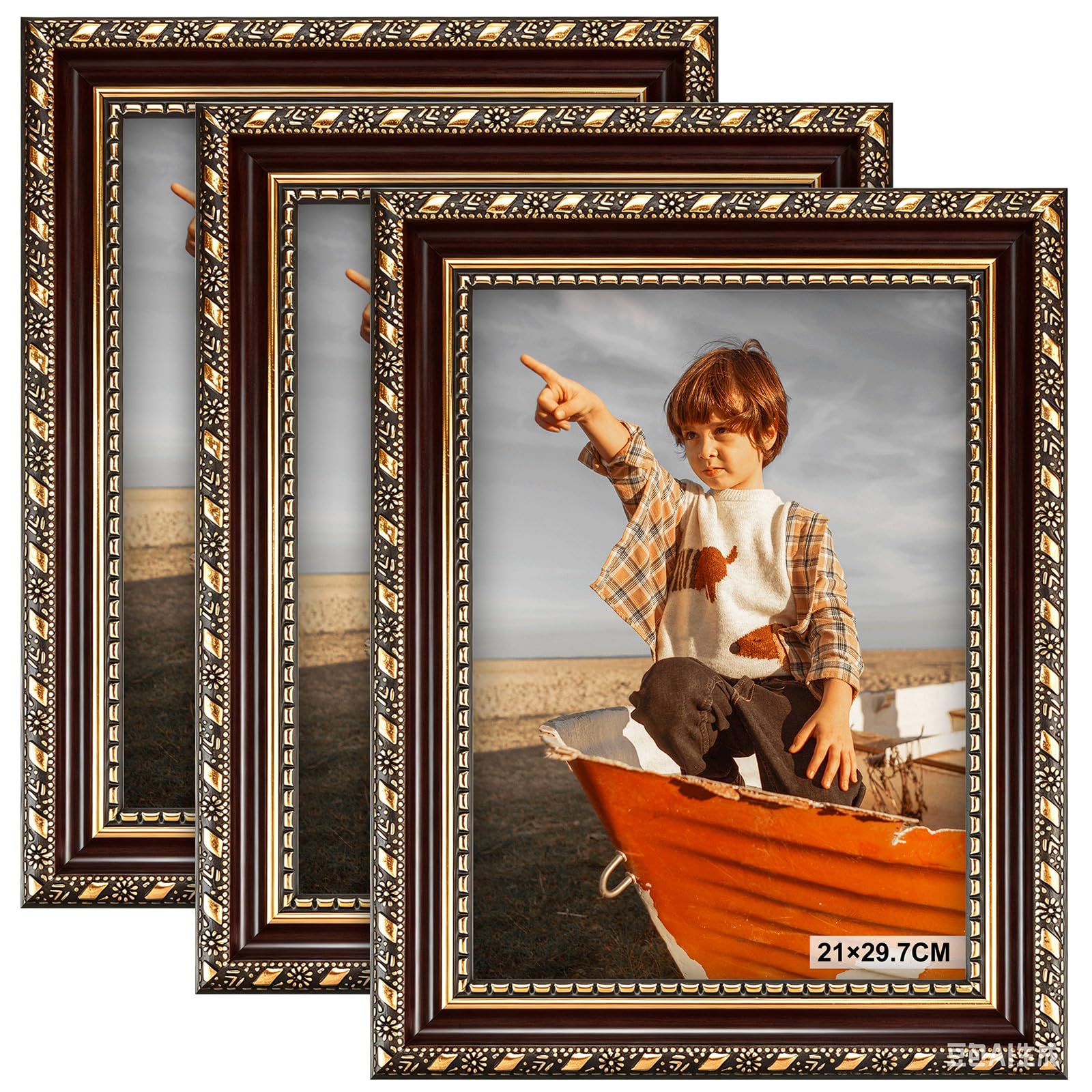 3 PCS A4 Vintage Picture Frame Set - Retro Ornate Gold Photo Frame, Baroque Style Picture Frames for 21×29.7cm Tabletop or Wall Hanging, Horizontal or Vertical Use for Photos Home Office Decor