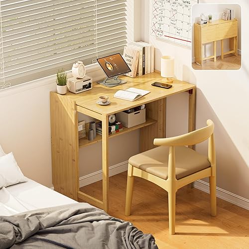 Miniatura 12 de Escritorio Plegable de Bambú Escritorio Moderno de Mediados de Siglo para Oficina en Casa Dormitorio Espacios Pequeños, Marrón