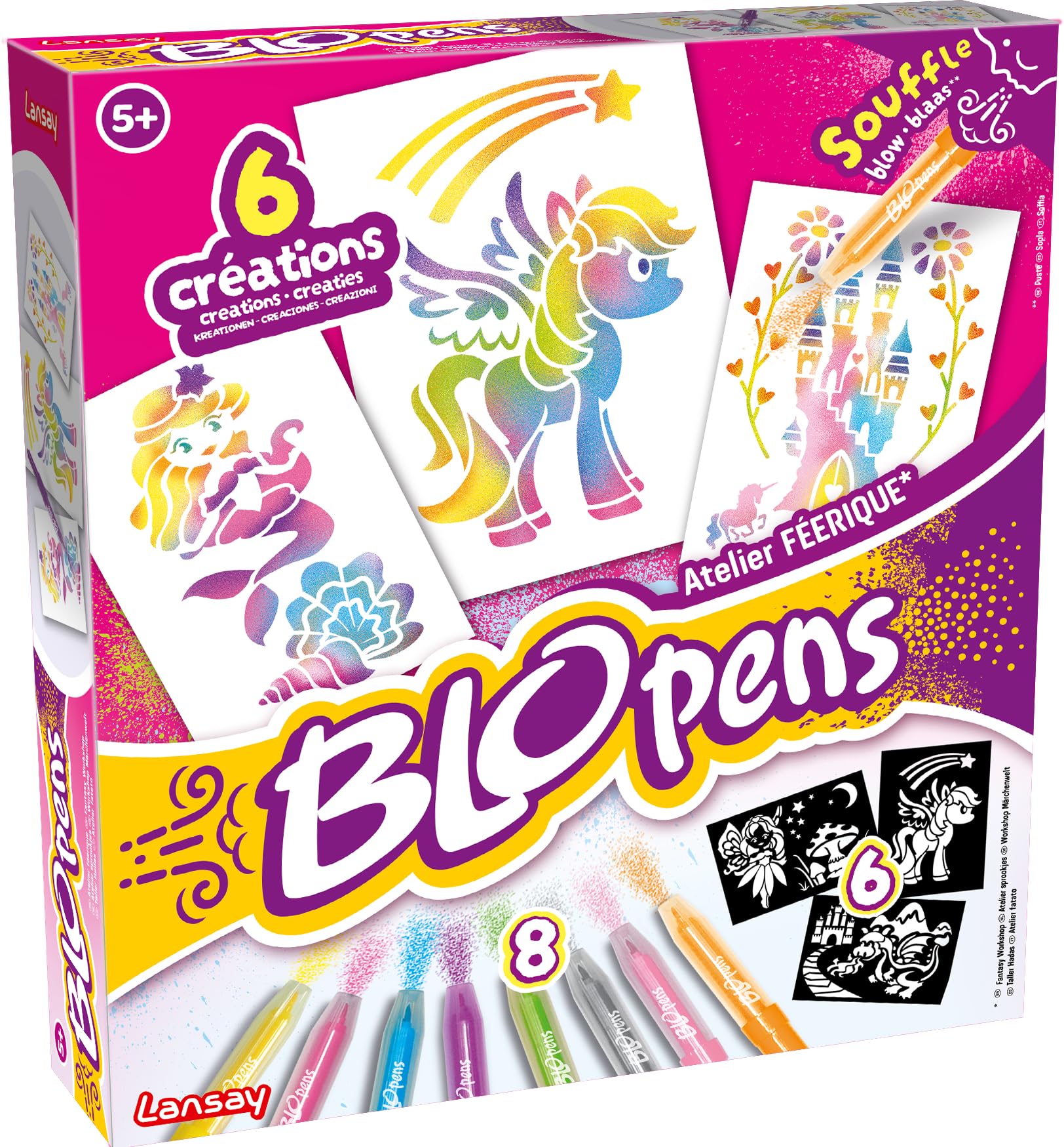 Lansay - BLOPENS DISNEY PRINCESSES - Kit Dessins & Coloriages Pour Enfants Dès 5 Ans - 6 Feutres De Coloriage A Souffler Blopens 7 Pochoirs Reutilisables Activite Manuelle Cadeau Anniversaire