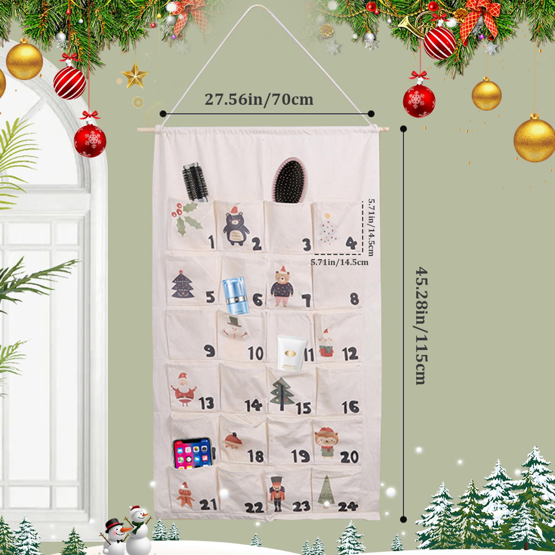 Gcroet Calendario dell'Avvento sospeso con 24 Tasche Calendario Avvento di Natale Organizzatore Portable Down -Portable per Decorazioni di Natale per Porte o pareti