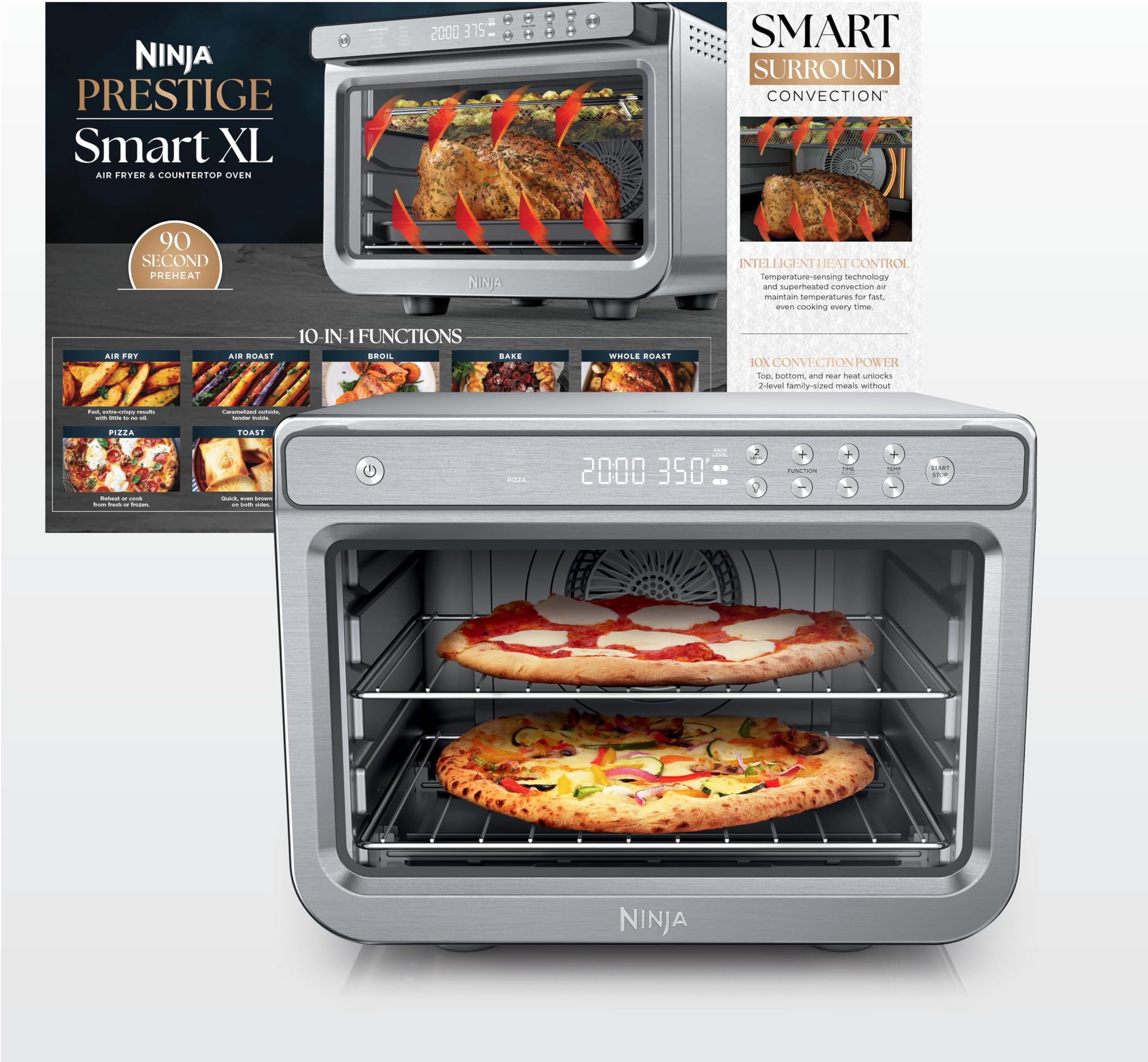 Air Fryer & Toaster Oven | Prestige Smart XL Countertop Oven | Bakes up to 20 Cookies, Fits up to a 12lb Turkey | Pizza, Toast, Bake, Air Fry & Reheat | 1800 Watts | Stainless Steel | DT501
