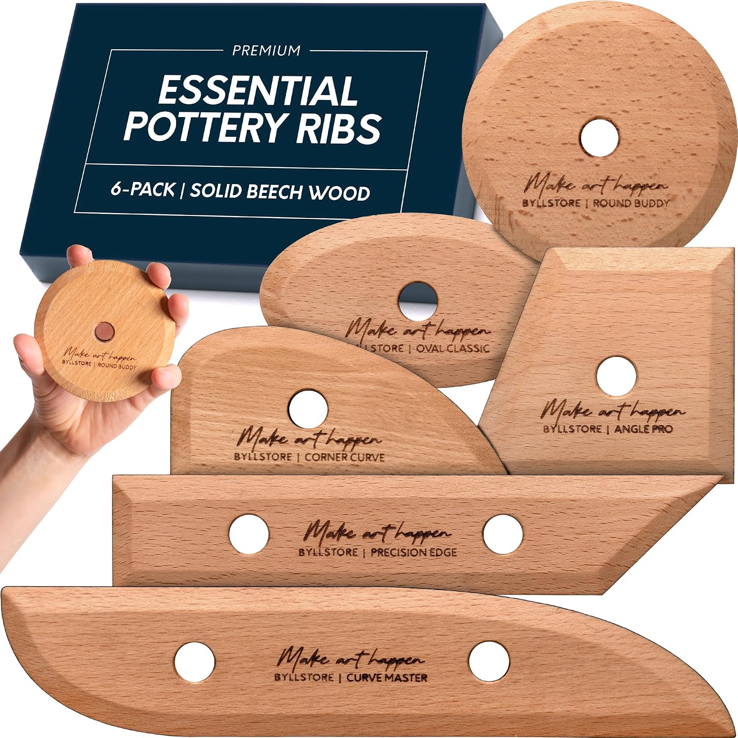 Byllstore Essential Pottery Ribs for Clay | Shaping & Smoothing Tools | Solid Beech Wood | 6-Pack