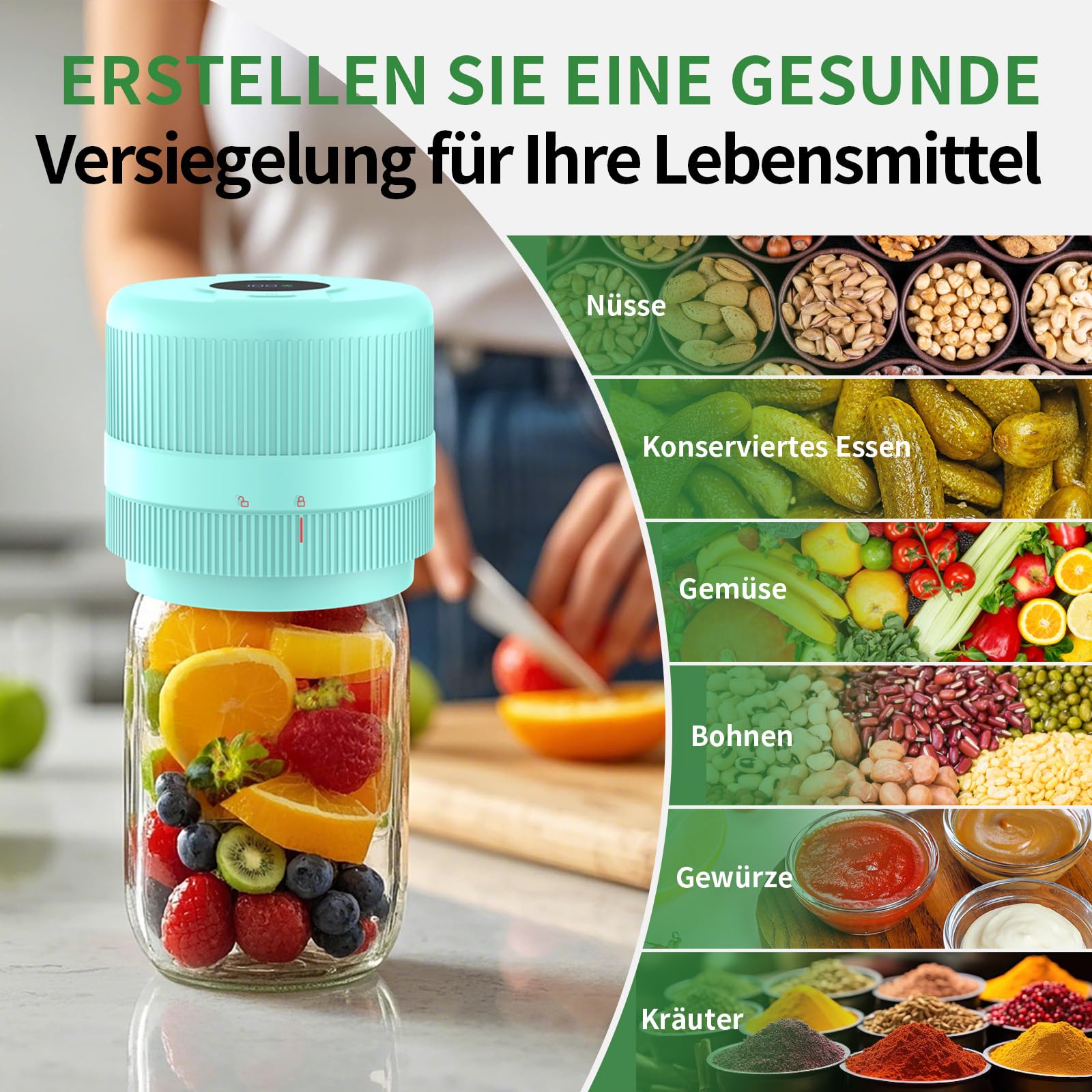 Vakuumierer für Gläser | Elektrisches Mason Jar Vakuum Sealer für Breite und Normale Öffnung | Tragbares Vacuum Sealer Machine | Geschenke für Sie, Mama, Oma, Seladon Blau-Grün