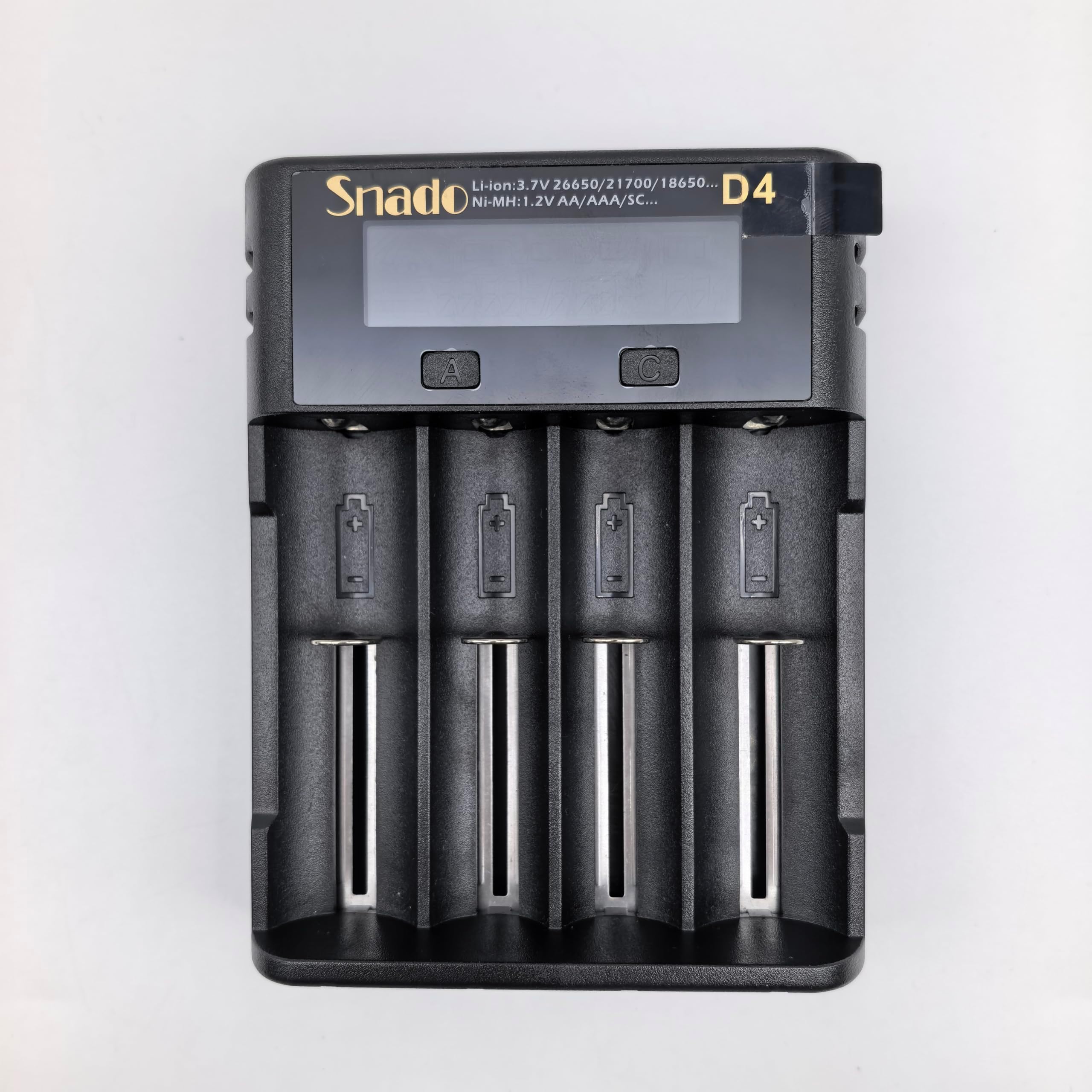 Snado Intelligent Charger, Universal Smart Charger LCD Display for Rechargeable Batteries Li-ion Batteries 18650 18490 18350 17670 17500 16340 14500, RCR123A, Ni-MH/Ni-Cd A AA AAA Batteries (4 Slots)