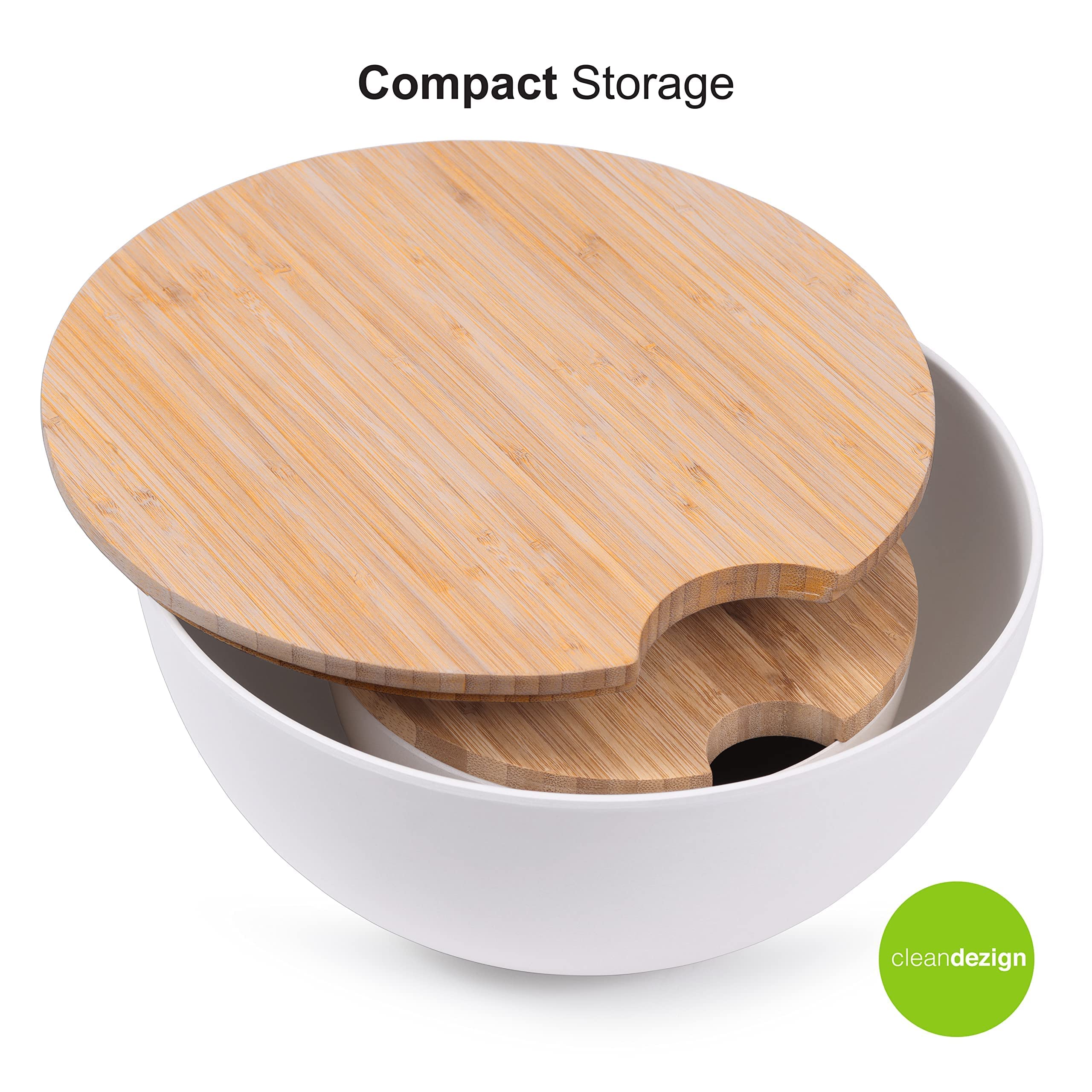 Grande ciotola per insalata e servire con coperchio in legno di bambù e server, set da 8 pezzi, 29,2 cm e 20,3 cm in fibra di bambù con top in legno (bianco naturale)