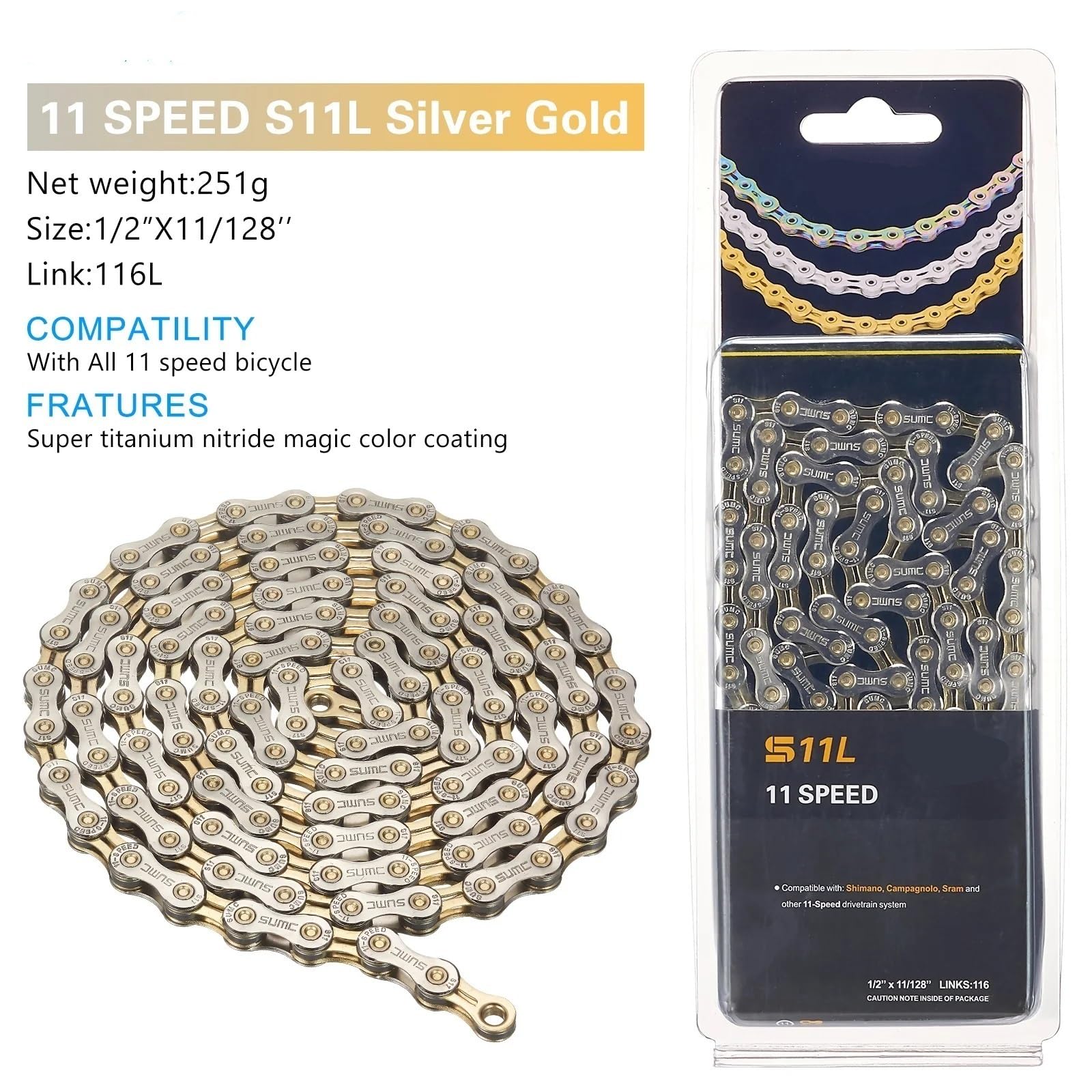 Fahrrad-Schaltkette for Mountainbike und Rennrad, 8-, 9-, 10-, 11- und 12-fach, hohl, ultraleicht, Gold, 251 g(S11L 11-33 speed)