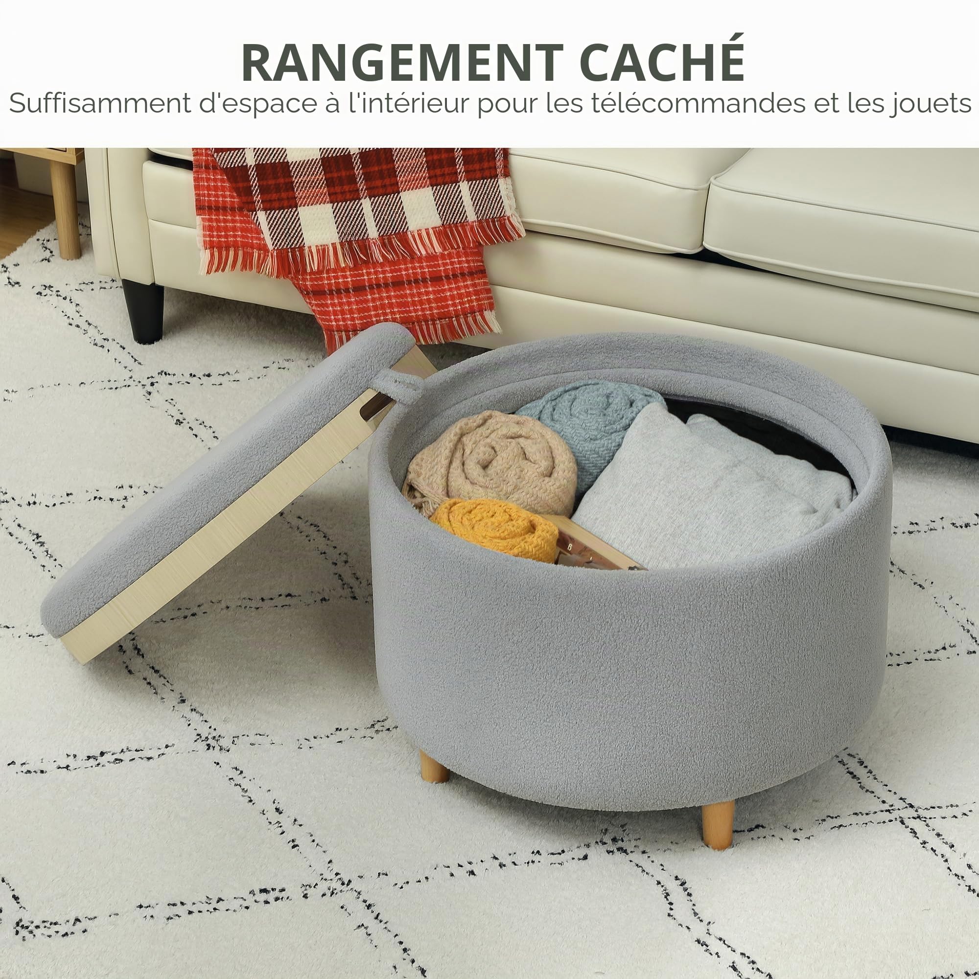 HOMCOM Pouf de Rangement avec Couvercle Rabattable 56x56x42cm Gris