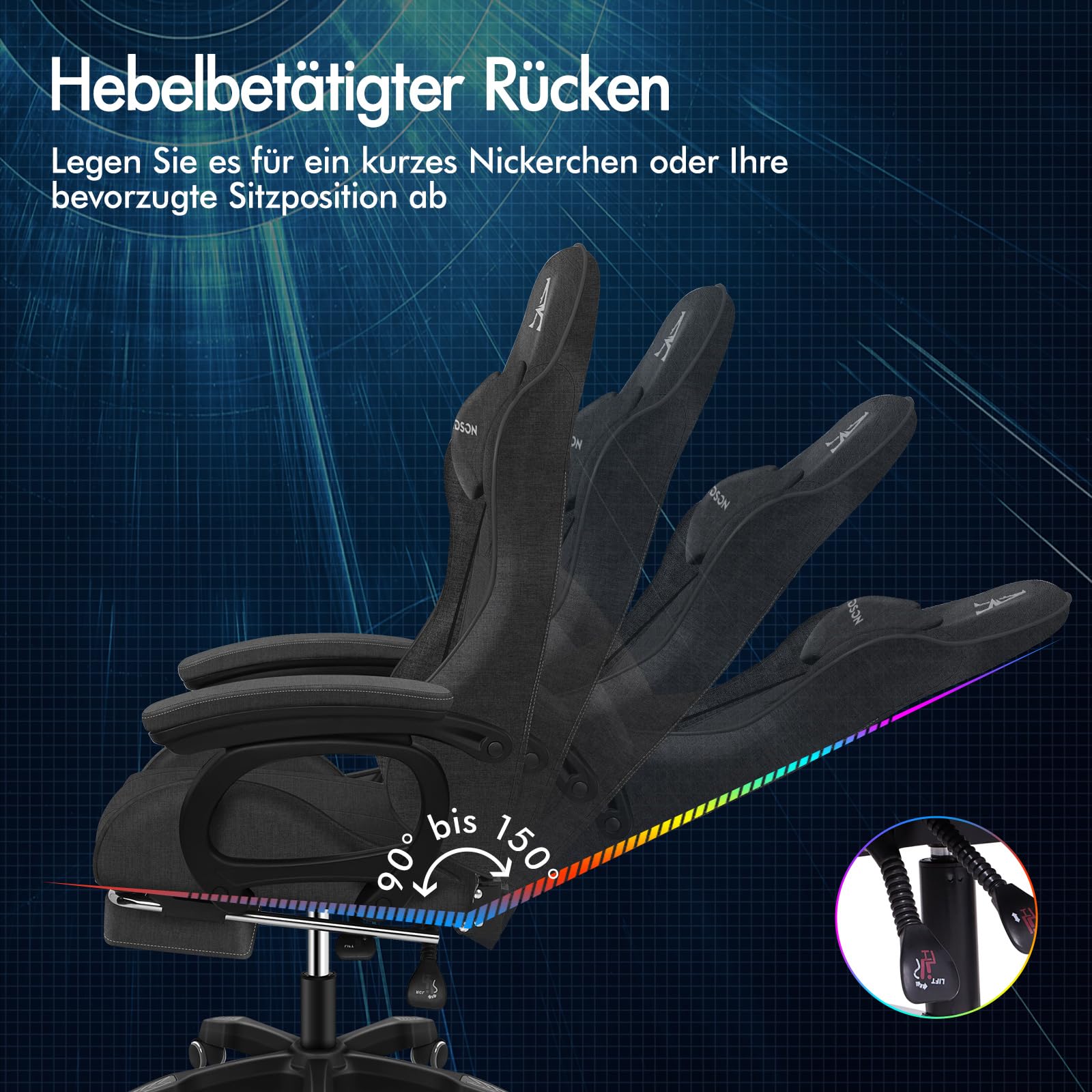 ALFORDSON Gamingstuhl, Bürostuhl, mit 2-Punkt-Massage, Fußstütze, Kopfstütze und Lendenkissen, 150° verstellbare Rückenlehne, Leinen Fabric, Dunkelgrau