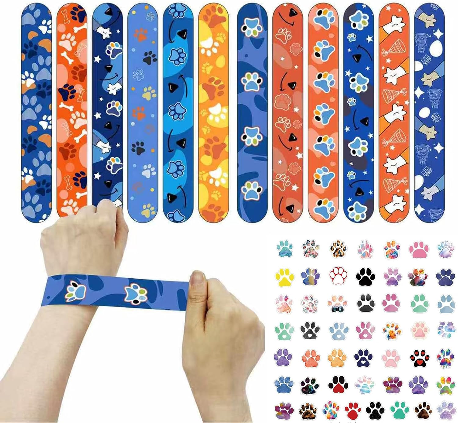 36PCS Dog paws and cat paws theme Slap Bracelet Toys and 50 PCS Dog paws and cat paws party stickers carnival prizes - for Kids Boys & Girls Birthday Party Supplies Favors