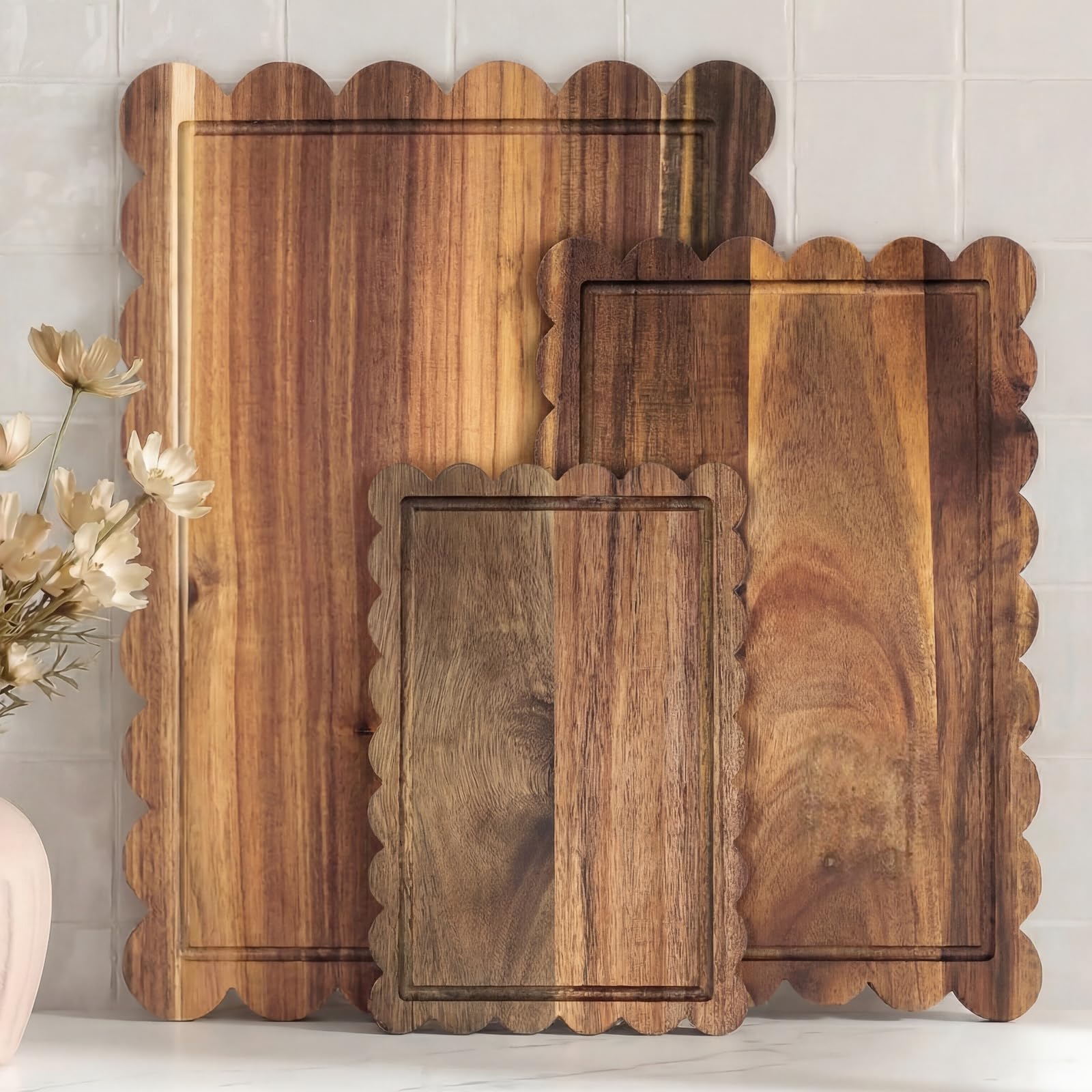 3 Pcs Acacia Wood Scalloped Cutting Boards Set, Decorative Cutting Boards Wooden Charcuterie Board for Grandmillenial Cottage Core Decor Kitchen Cheese Meat Fruit Pizza Bread Baking Chopping Blocks