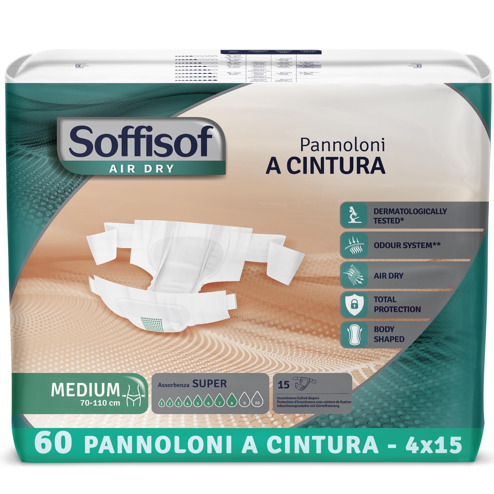 Soffisof Air Dry Pannoloni con Cintura Super M - 60x Pannoloni per Anziani - 4 Confezioni da 15 Pezzi, Assorbenza fino a 8 Gocce - Ausili Incontinenza Uomo e Donna