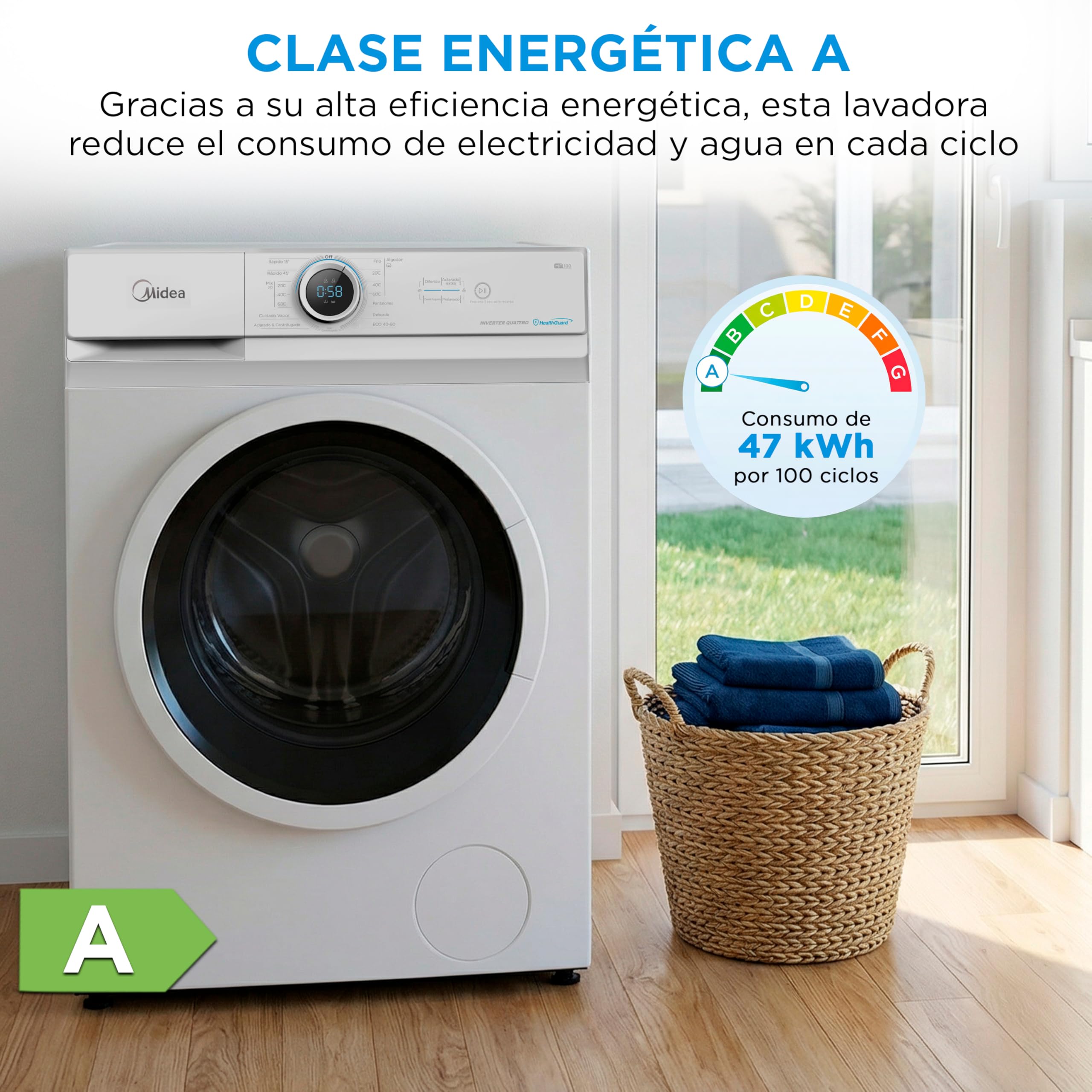 Foto 3 de Midea Lavadora 8kg Carga Frontal, 1350 rpm, Motor Inverter, 15 Programas, Clase A