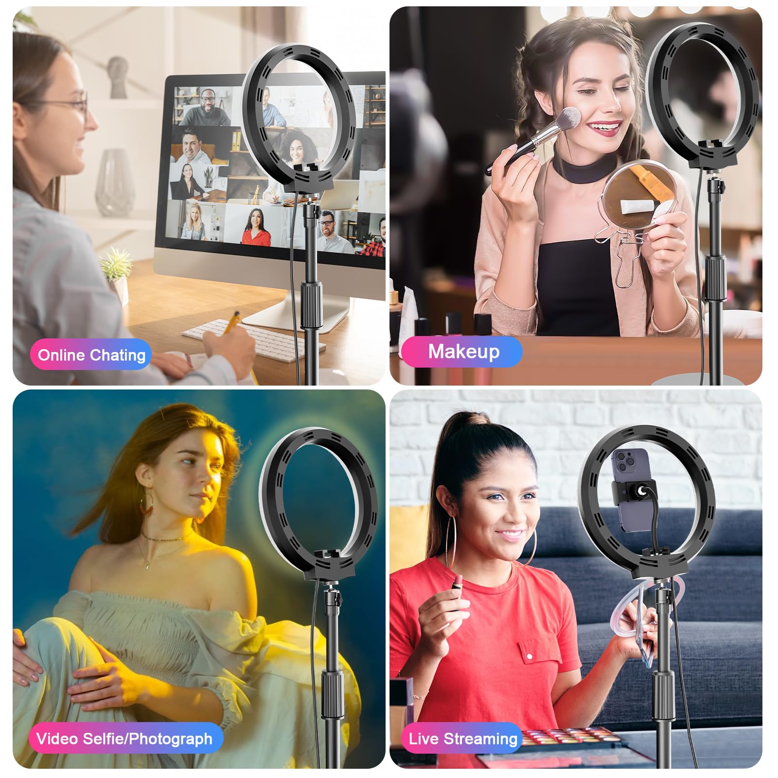 PEYOU Anello luminoso con supporto e supporto per telefono, desktop dimmerabile da 10" 【RGB e LED】 Luce circolare per riunioni Zoom/streaming live/video/YouTube/Tiktok/Vlog