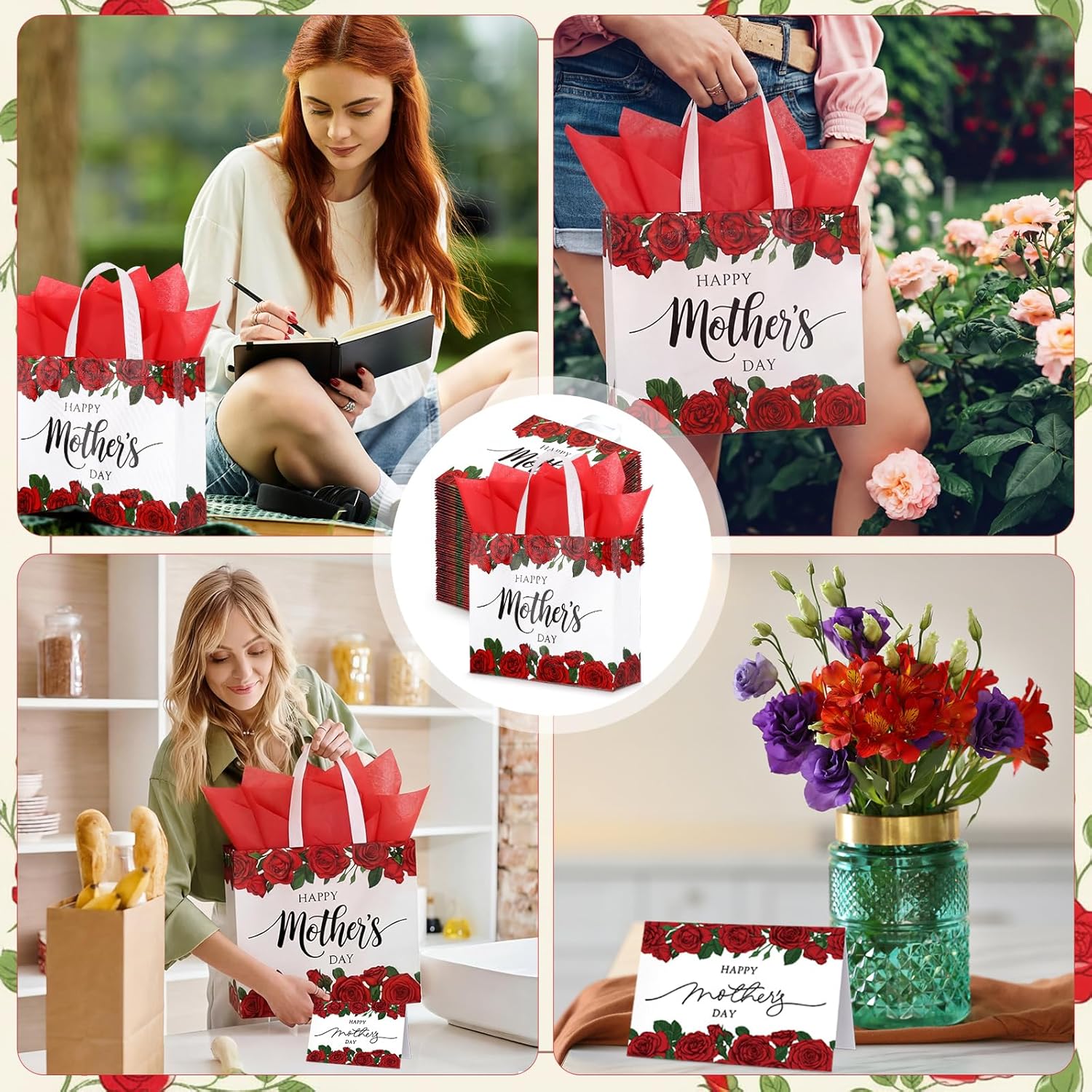 Sinload 48 Sets Large Gifts Bags for Mother's Day 10.6" Rose Flowers Non Woven Fabric Bag with Tissue Papers with Handles with Greeting Cards for Happy Mother Mom Gifts Party Favor Decorations