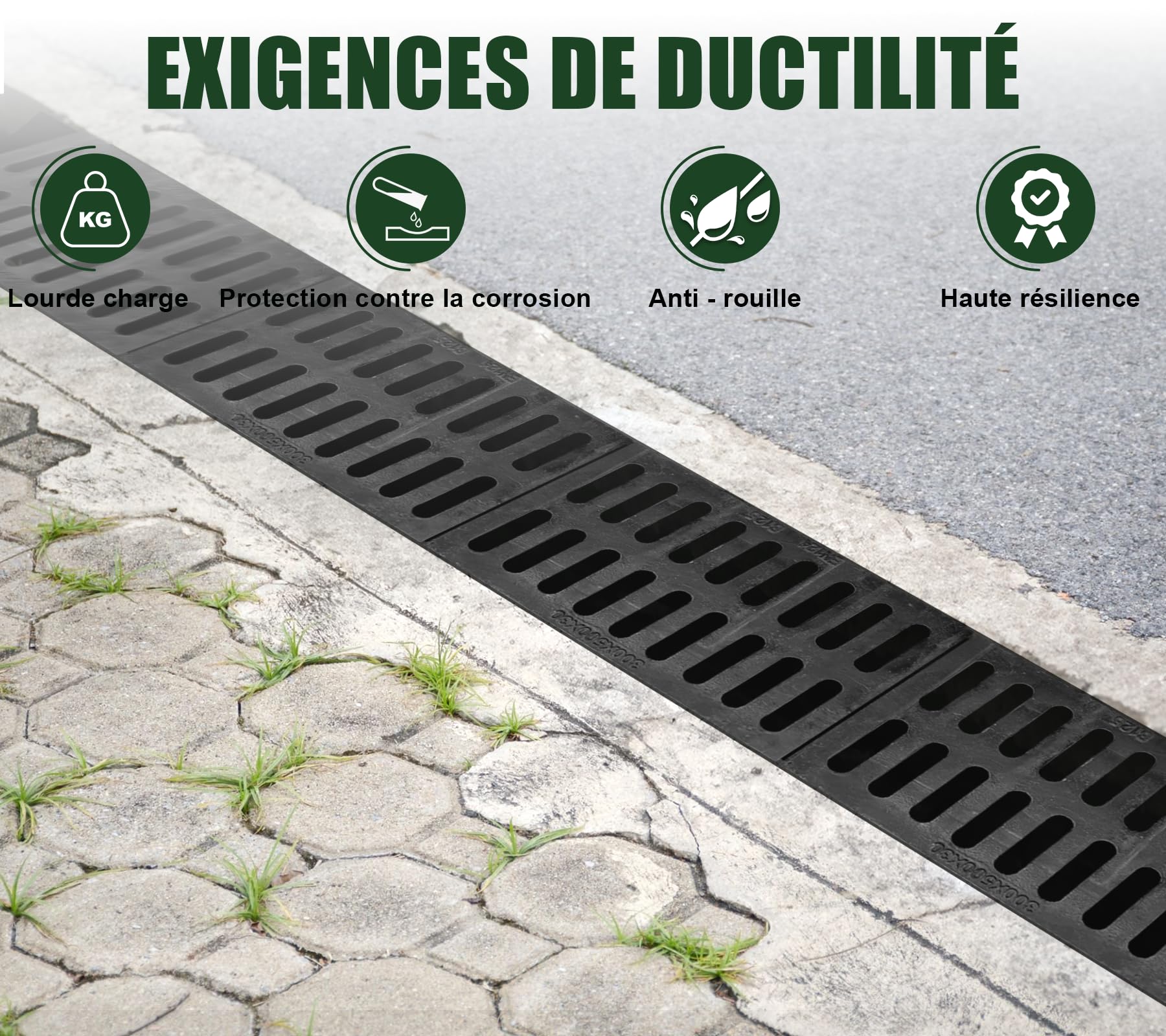 Rejilla de drenaje para zanjas, 500 x 300 mm, de hierro dúctil, resistente, rectangular, rejilla de drenaje de metal, para entradas, jardines, eliminación de aguas residuales, senderos