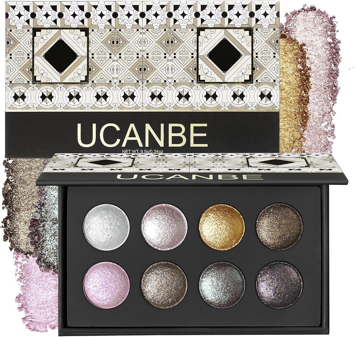 UCANBE 8 Color High-Intensity Baked Shimmer Eyeshadow Palette - Metallic Diamond-Like Shimmer, Highly Pigmented, Smooth & Blendable Formula for Dramatic & Radiant Eye Makeup (03 All Metallic)