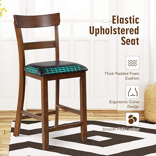 Miniatura 7 de COSTWAY Juego de 2 taburetes de bar, sillas de altura de mostrador de 25.5 pulgadas con respaldo, cojín acolchado de espuma, patas de madera de