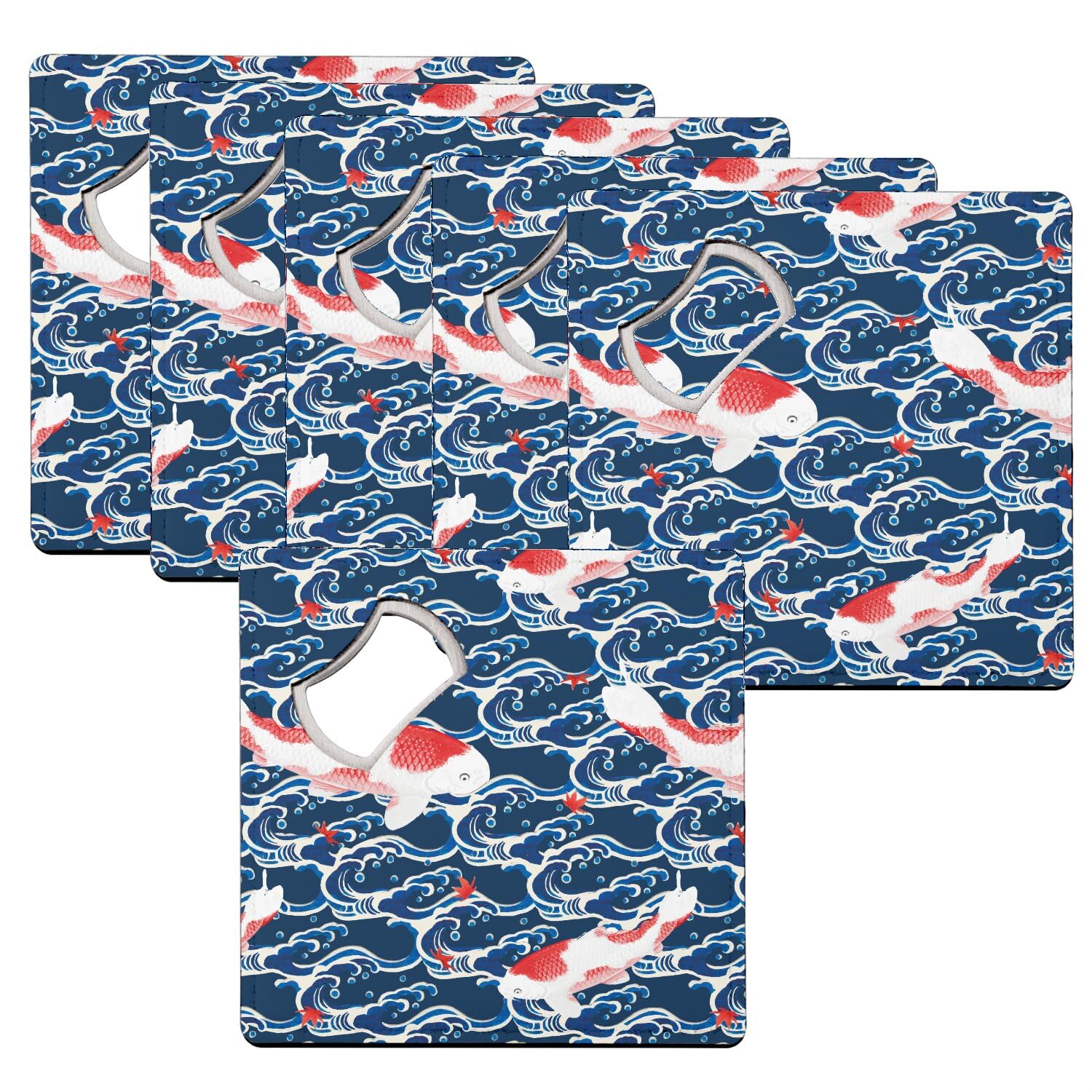 Sous-verre décapsuleur poisson koï vague bleu design kimono japonais lot de 6