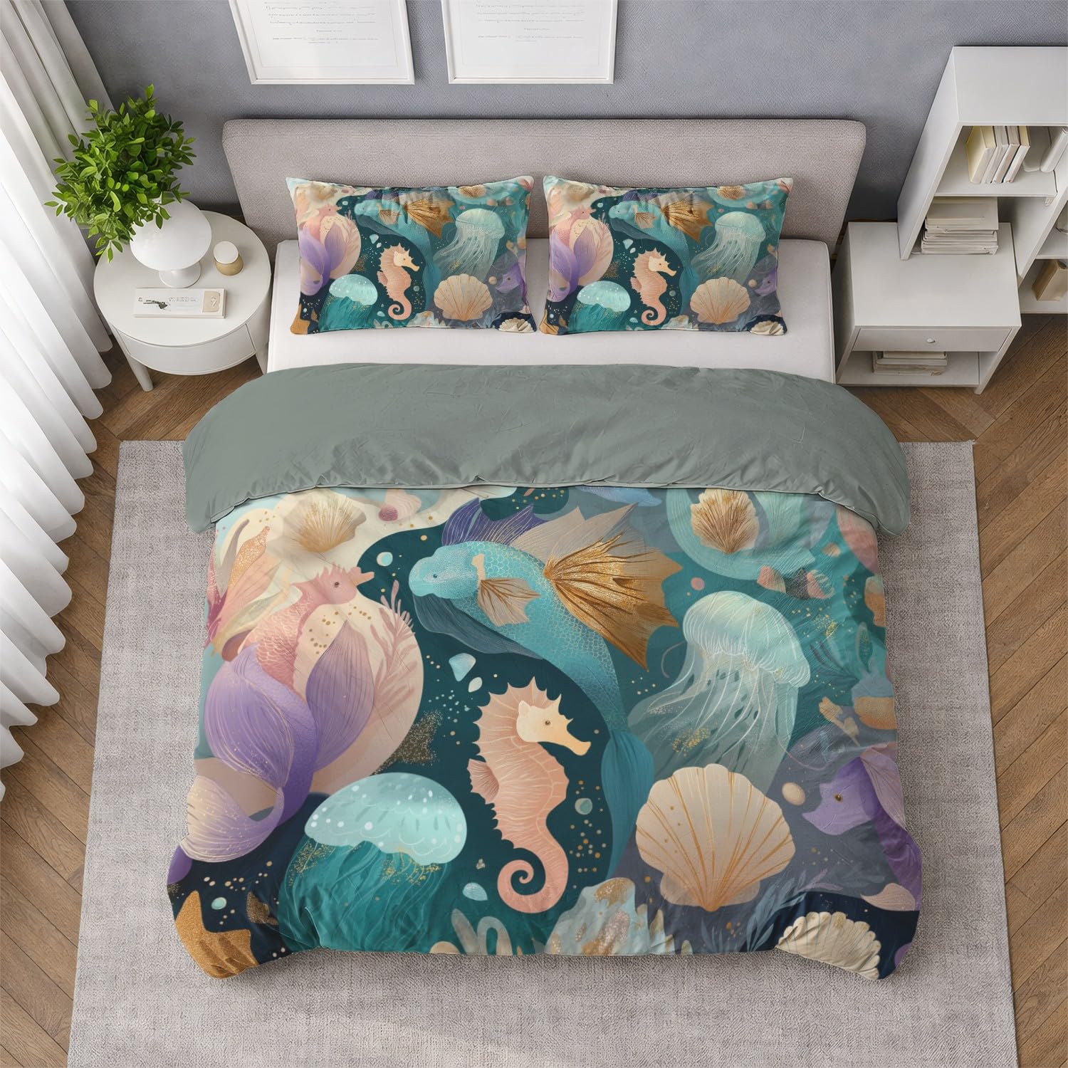 Générique Wielokolorowa Marzycielska poszwa na kołdrę, elegancki podwodny świat zestaw pościeli 220 x 260 cm z zamkiem błyskawicznym 2 poszewki na poduszki 65x65cm Miękka oddychająca mikrofibra