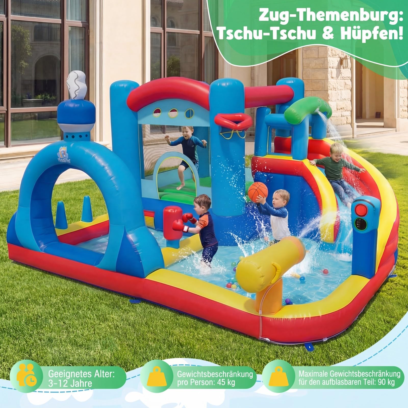 COSTWAY Hüpfburg mit Wasserrutsche, Sprungbereich, Planschbecken, Wasserkannonen, Boxsack, Ringwurfspiel, Zielspiel, Ozeanbälle & Basketball, Wasserhüpfburg für Kinder, Wasserpark für Außenbereich