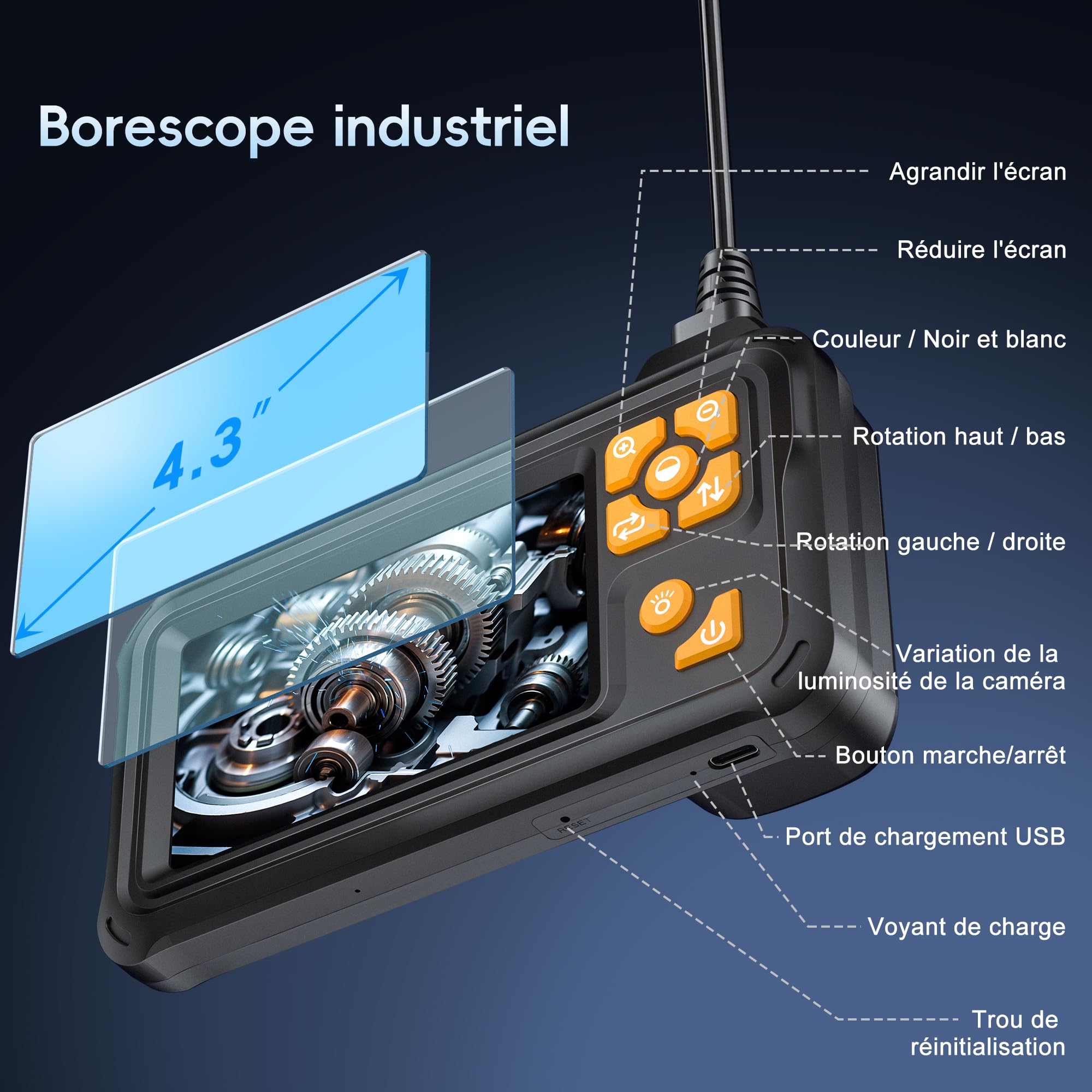 Endoscope Industriel, Yamokizy Caméra d'inspection IPS 4.3" Pouces, 1080P HD Caméra Endoscopique avec 8 LED réglables, Serpent Étanche IP67 de 8mm, Câble Semi-Rigide de 10M