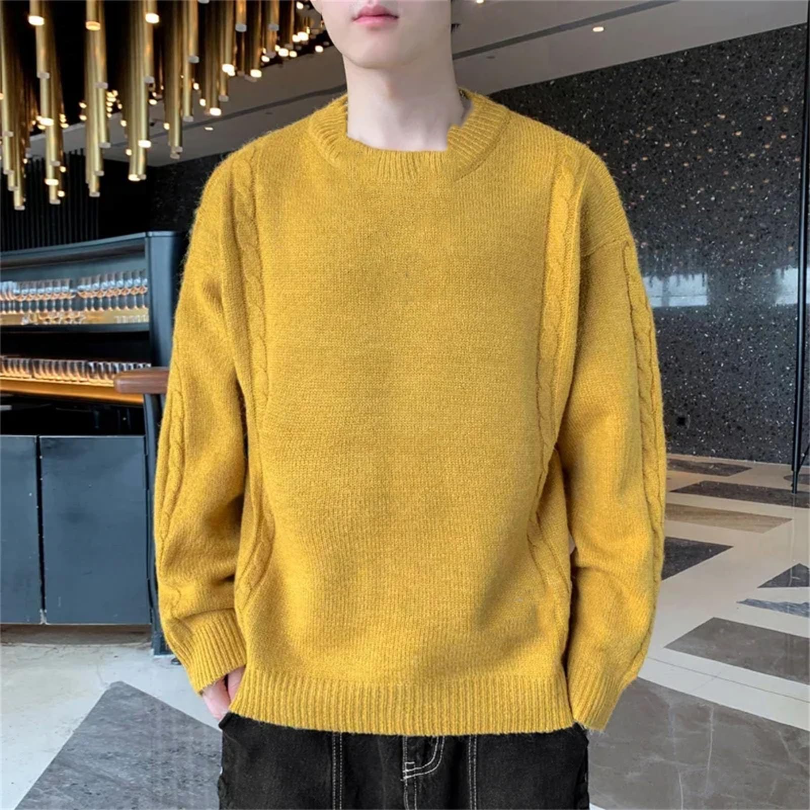 Maglione giallo Uomini Inverno Solido Maglioni di Lana Slim Fit Uomo Streetwear O-Collo Maglione Lavorato A Maglia Retrò Pullover per Gli Uomini
