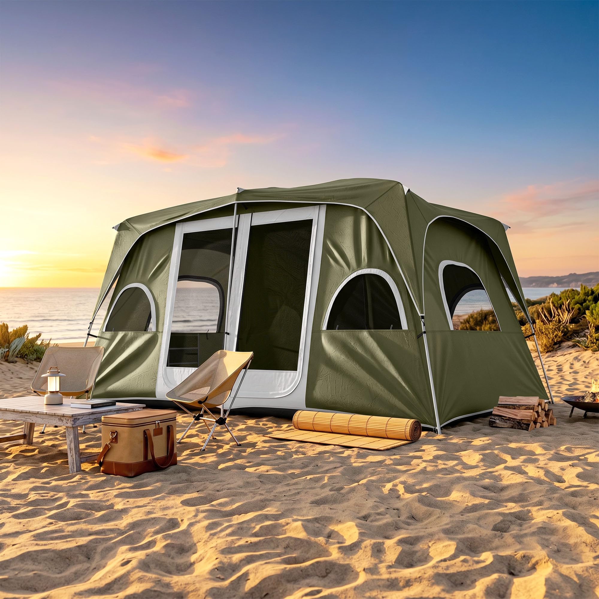 Outsunny Tente familiale 4-8 Personnes avec 2 Chambres Grande Tente de Camping avec 2 Poches et fenêtres en Maille imperméable 400x275x210 cm Vert