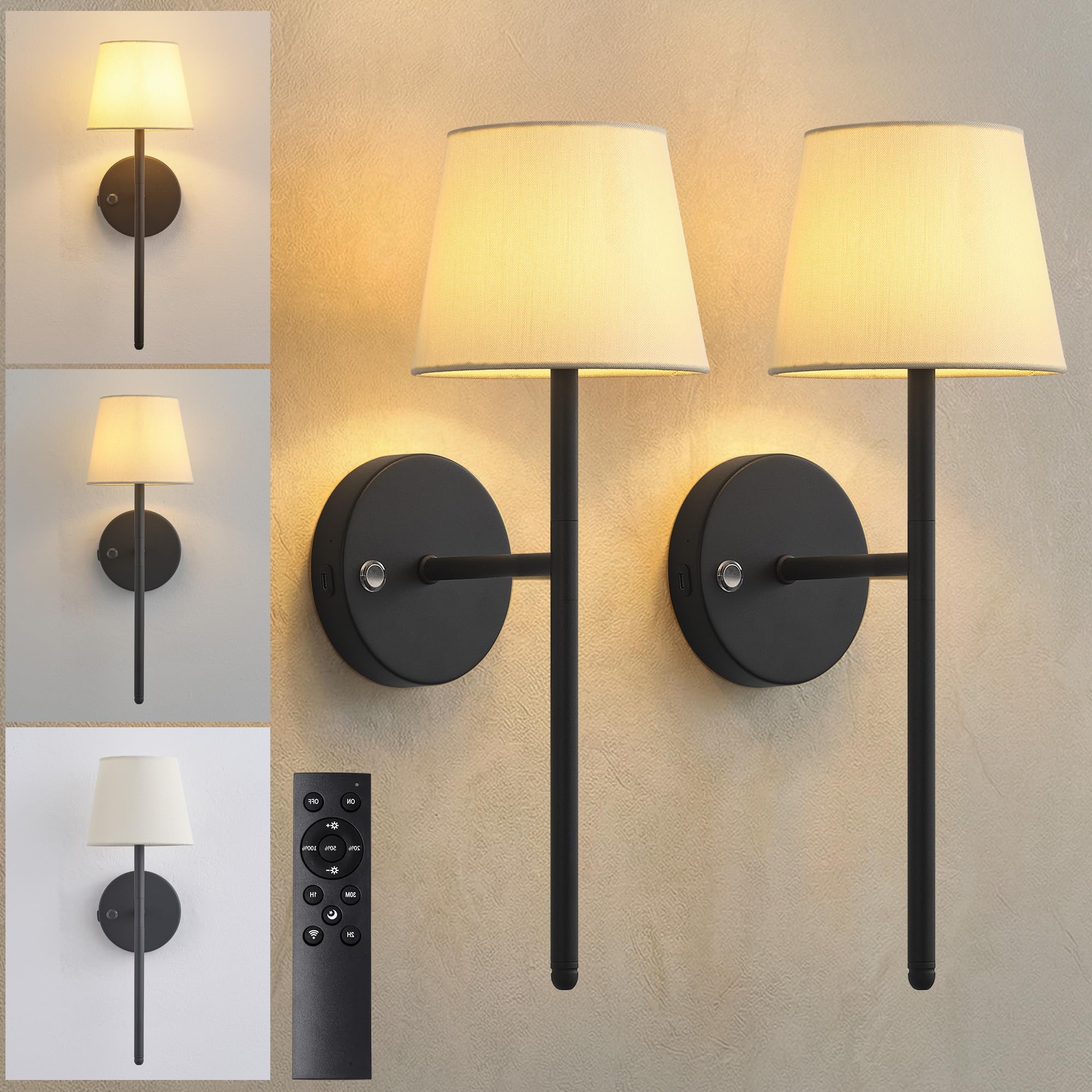 Newsee Rechargeable Wireless Wall Lights Set of 2, Battery Operated 5200mAh Dimmable Cordless Wall Sconces with Remote Control, Wall Light with Fabric Shade Lighting for Bedroom, Living Room(Black)