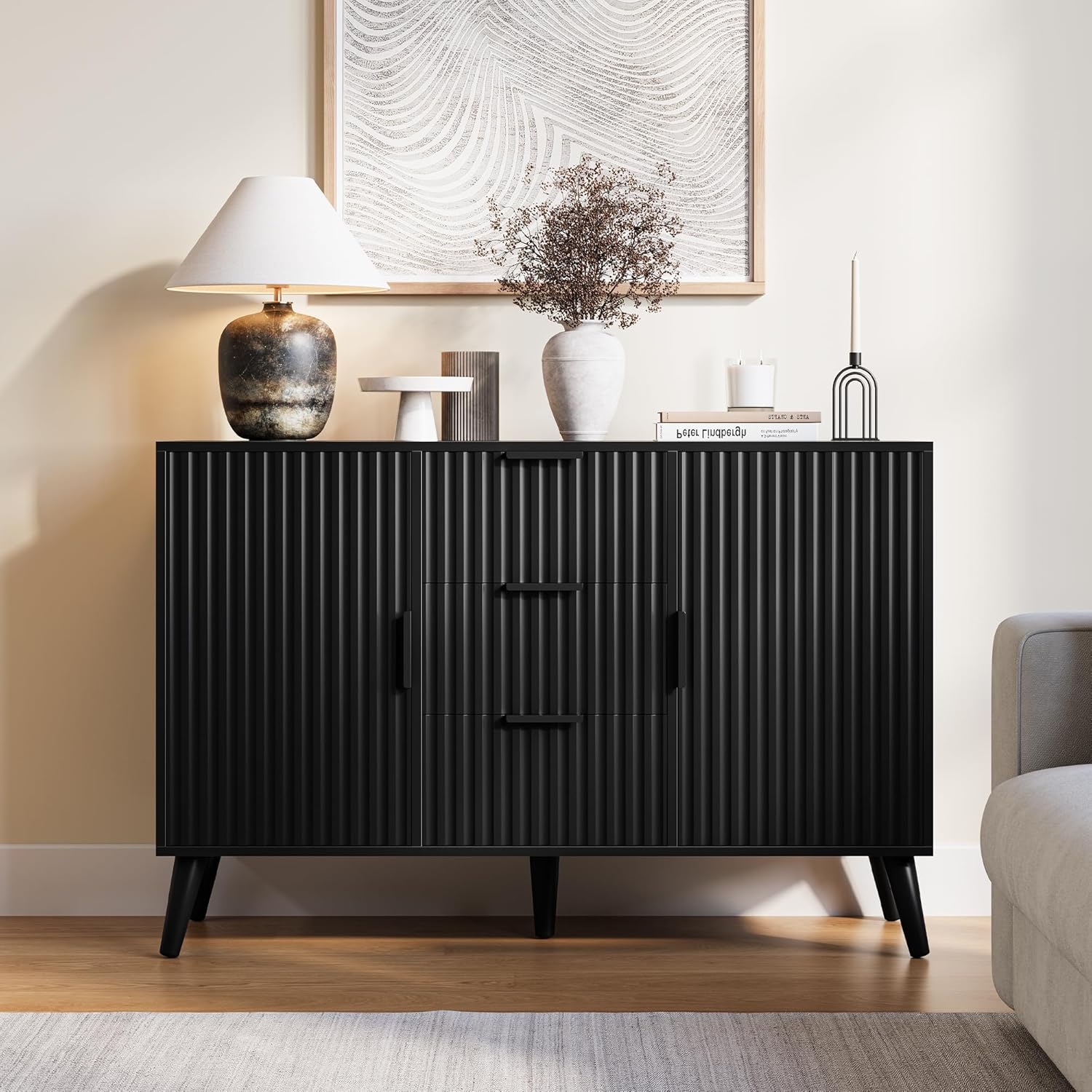 47.2" Fluted Sideboard Buffet Cabinet with 3 Drawers, Black Modern Buffet Cabinet with Storage, Large Storage Cabinets with 2 Doors Accent Credenza for Kitchen, Living Room, Entryway
