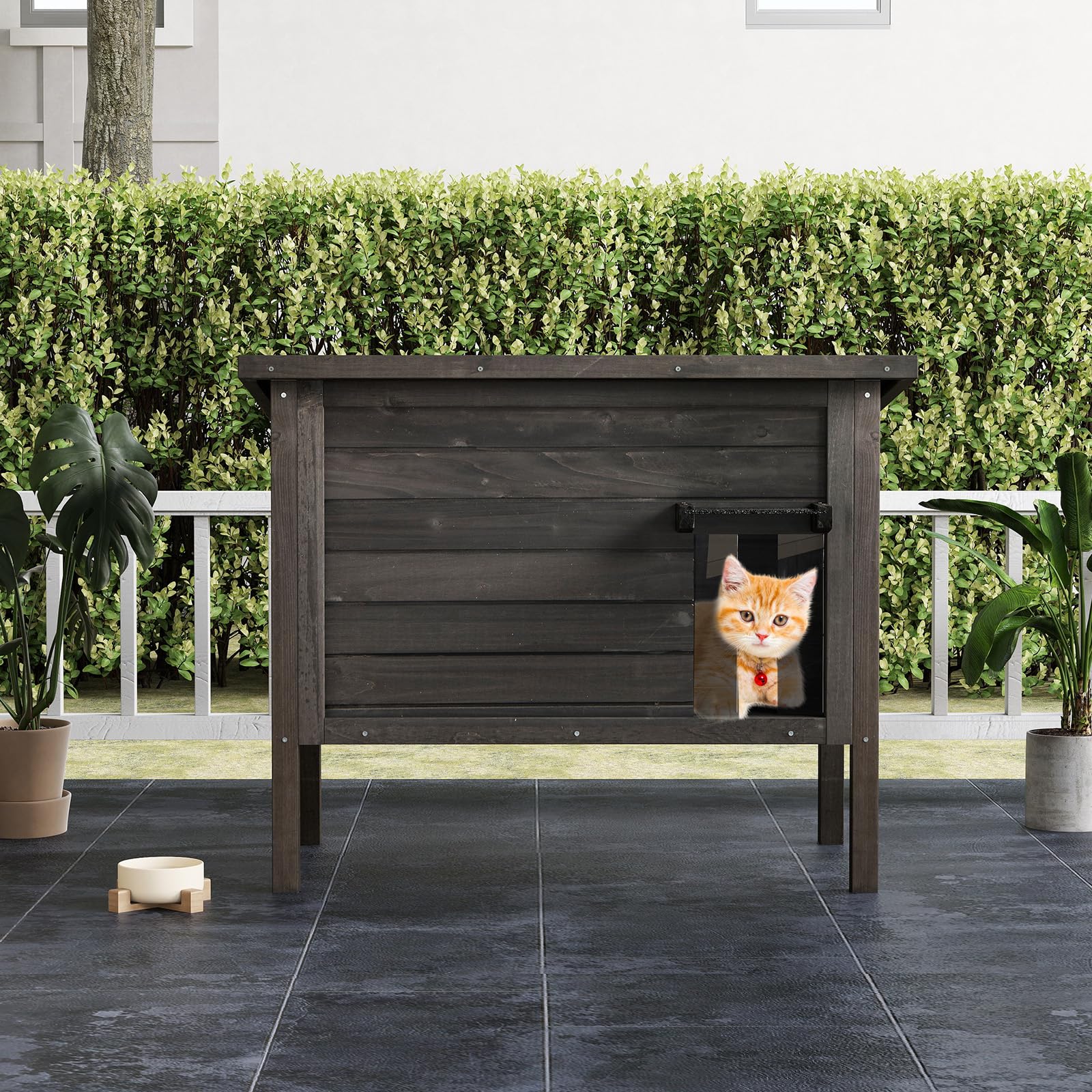 COSTWAY Katzenhaus Outdoor Winterfest, Katzenhütte für Winter, Holz, Katzenhöhle mit Schaumisolierung & Dach & PVC-Tür & Trennwand, für Außenbereich Innenbereich, 88 x 55 x 69 cm (Schwarz)