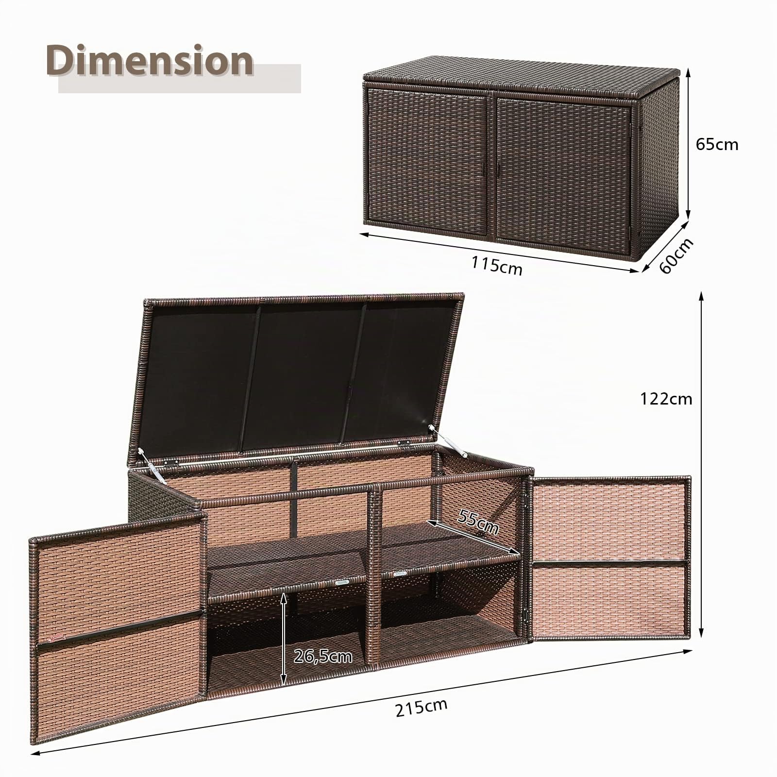 COSTWAY Coffre de Rangement Extérieure en Rotin 335L, Boîte de Rangement avec Couvercle 2 Portes 2 étagères Cadre en Acier, pour Ranger des Outils Jouet Accessoires 115x60x65CM (Marron)
