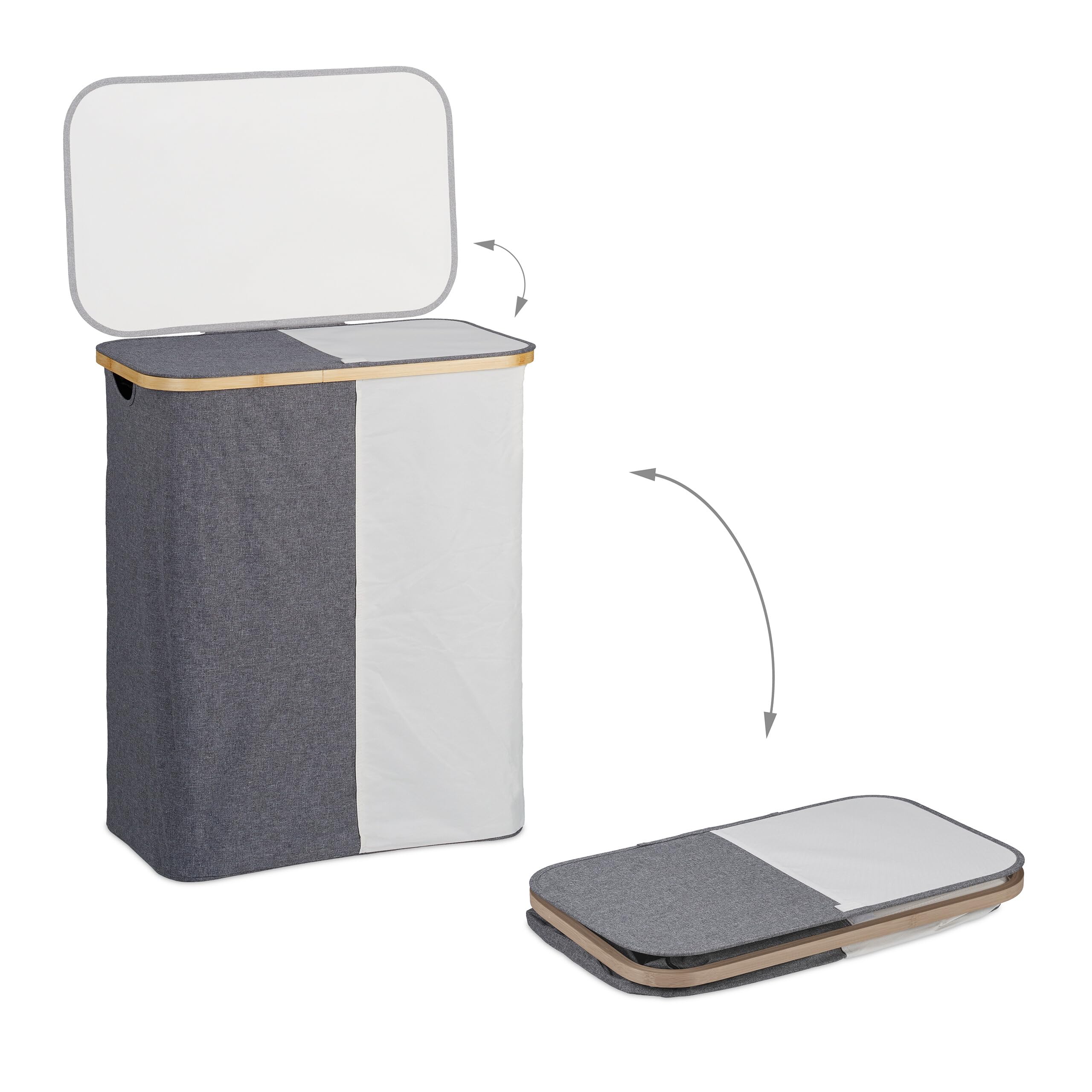 Relaxdays Cesto Portabiancheria con Coperchio, 110 L, con 2 Scomparti, in bambù e Poliestere Sacco a Rete, Grigio Bianco