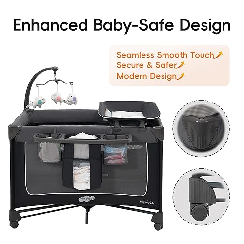 Miniatura 8 de Pamo Babe Magic Fold Pack and Play con moisés, juego de 1 paso, juego de corrales plegables para bebé con cambiador, corralito portátil con puerta