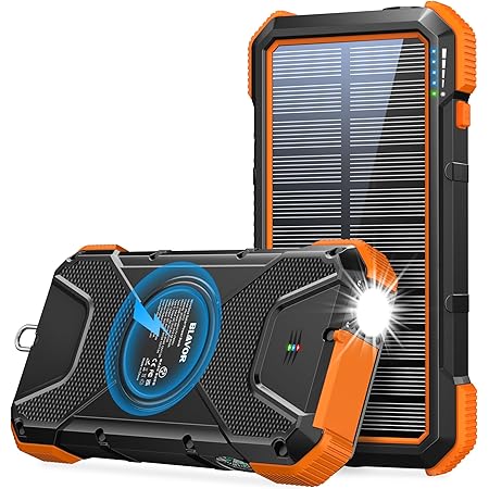BLAVOR Solar Power Bank, PD 18W QC3.0 Fast Charging 10W Wireless Charger 20000mAh Solar Powered Powerbank with Type C Input/Output, IPX5 Waterproof, Camping Flashlight, Compass, Carabiner(Orange)