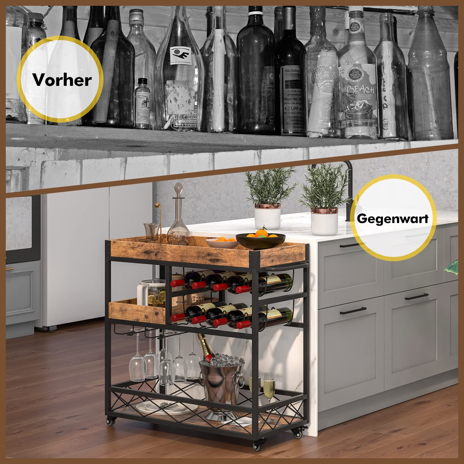 GOPLUS 3-stöckiger Servierwagen, mobiler Barwagen mit 8-Flaschen Weinregal und 12 Glashalter, Küchenwagen mit Universalrollen, Griffe, Rollwagen Holz für Wohnzimmer & Küche