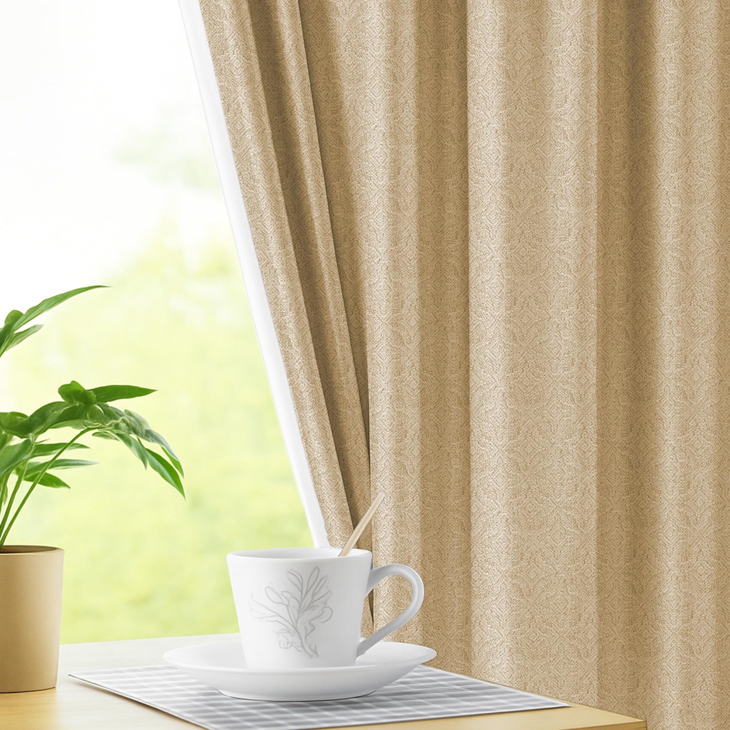 LINENWALAS 100% Blackout Curtains for Door (7.5 Feet) - Set 2 Panels Linen Texture with Geometric Floral Pattern Complete Light Blocking with Thermal Insulated, Nose Reducing Backing (Jute Beige)-image-29