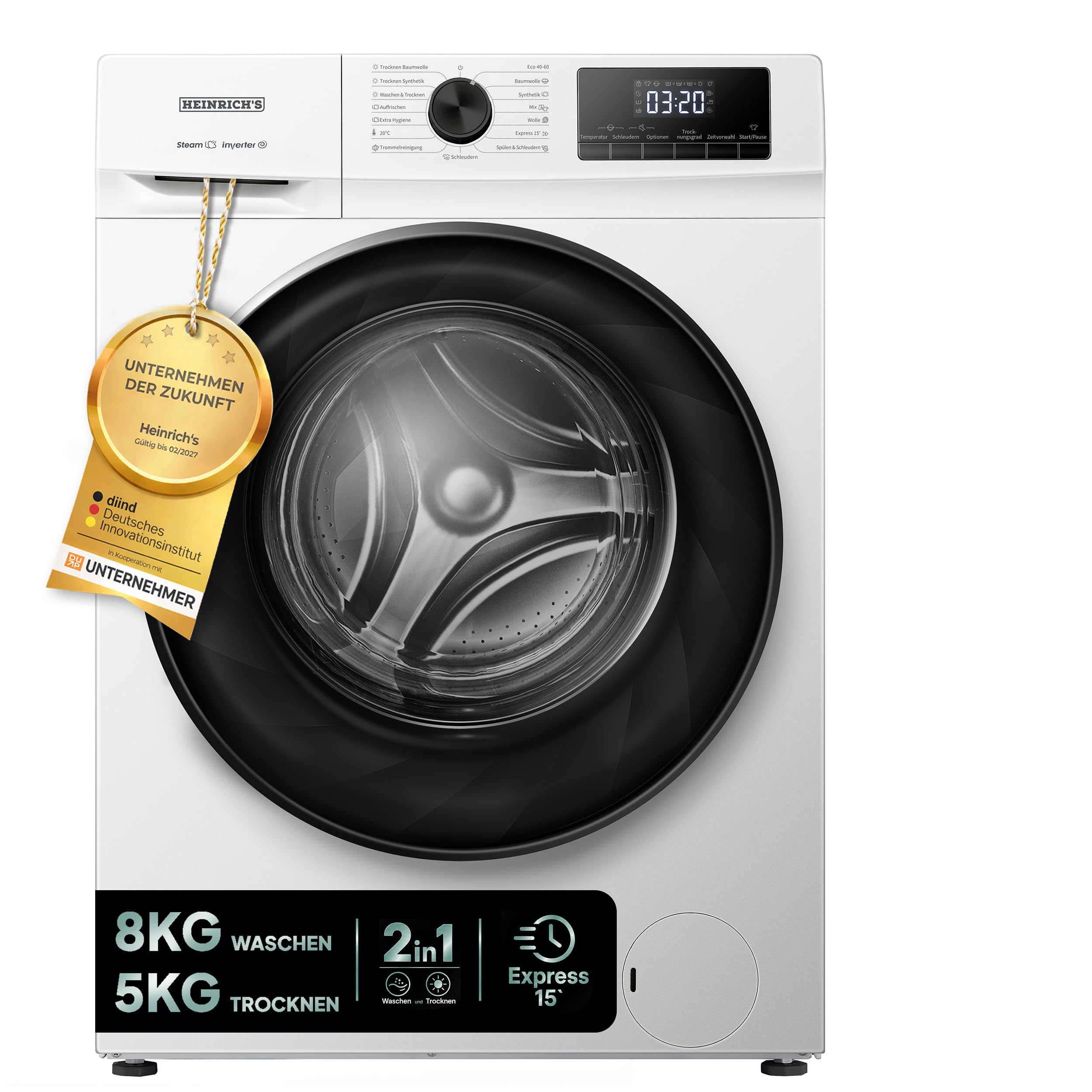 HEINRICHS Waschtrockner, 2in1 Waschtrockner, 8KG Waschen + 5KG Trocknen,1400 U/min, 15 Programme, Express Programm 15 min, Steam-Refresh, AquaStop, Edelstahl-Trommel, mit Kindersicherung, Effizient