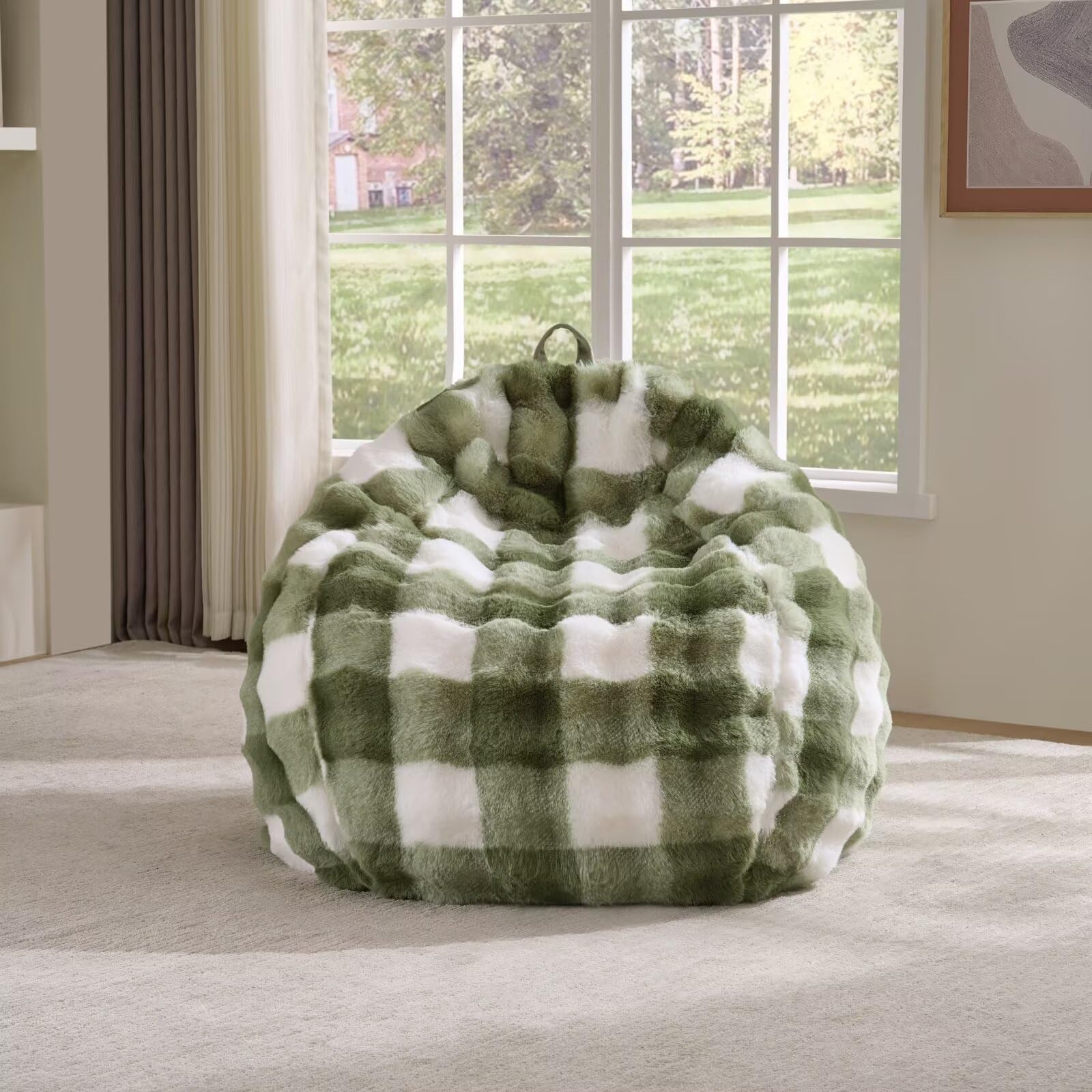 Fluffy Faux Rabbit Fur Bean Bag Chair Cover(No Filler),Cozy Shaggy Bubble Stuffed Animal Storage Large Bean Bag Cover for Bedroom Living Room,Fuzzy Bean Bag Cover Girls Teens Adult,Sage Green