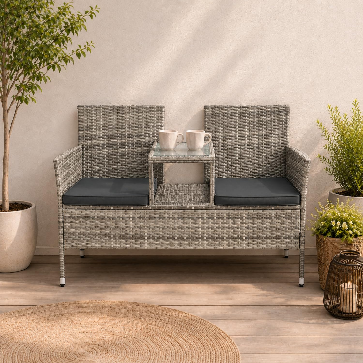 Juskys panca da giardino Monaco in polyrattan – 2 posti con tavolo e cuscini – 133×63×84 cm – resistente alle intemperie per balcone e terrazza – grigio melange