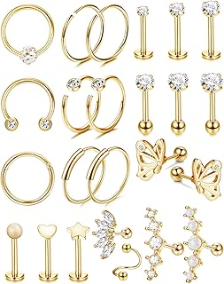 24PCS 16G Cartilage Earring for Women Hoop Tragus Stud Earring Cartilage Piercing Jewelry Helix Earrings Hoop Rook Daith Conch Stainless Steel Piercing Jewelry