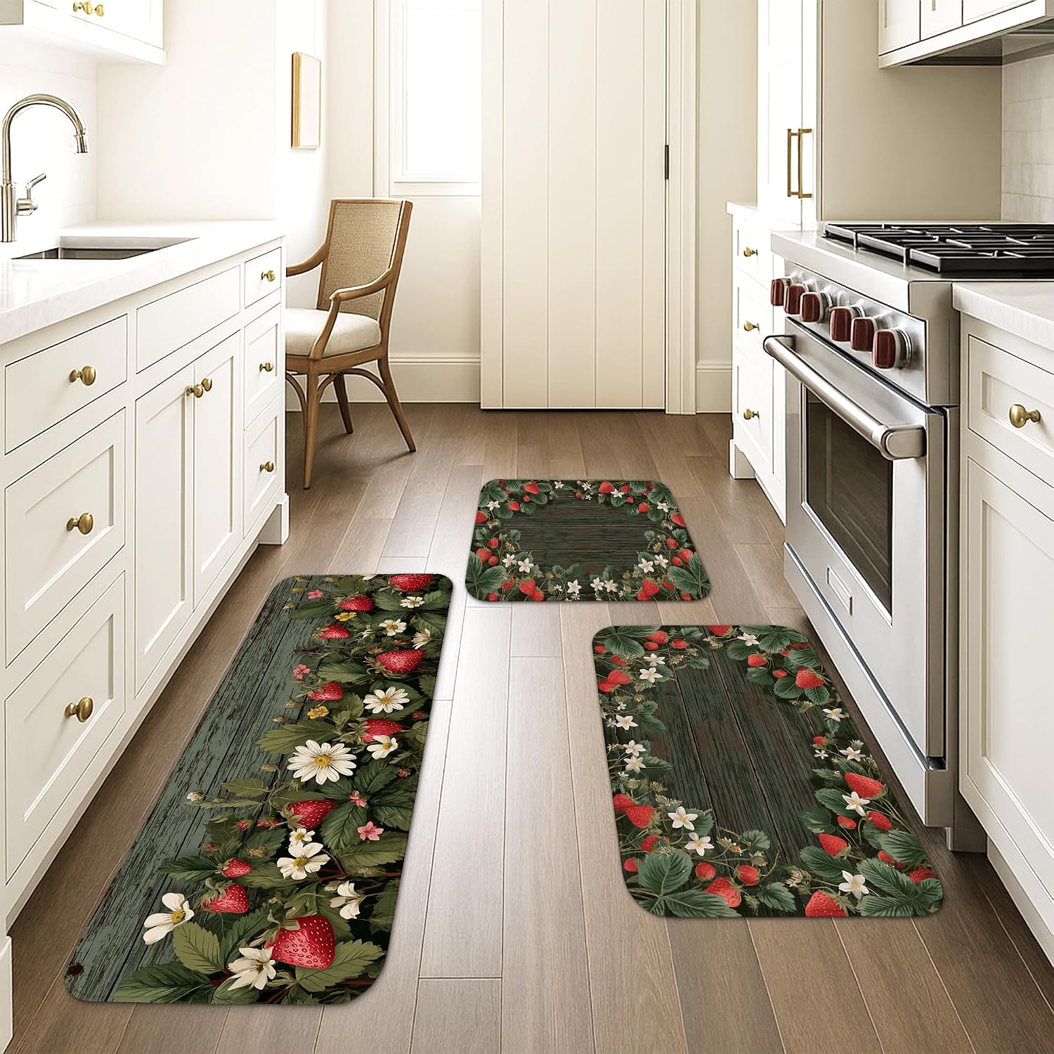Strawberry Kitchen Mats for Floor, Rustic Floral Memory Foam Mats, Cushioned Anti-Fatigue Washable Non Slip Decorative Rugs for Kitchen Sinks Laundryroom Bathroom 3Pcs