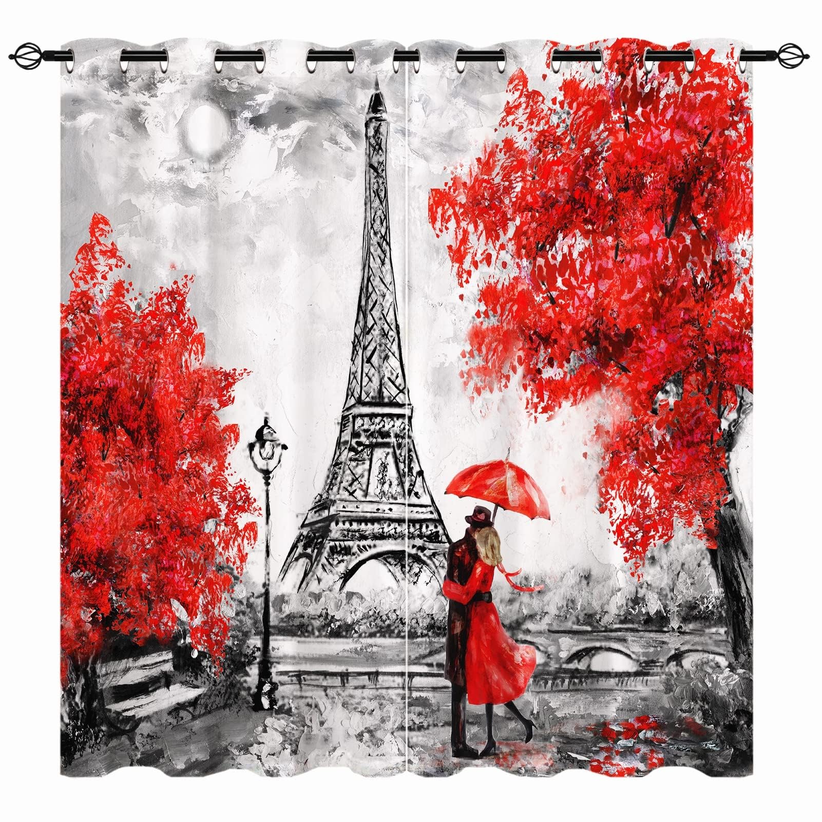 YUANZU Paris Curtains - Girls Oil Painting Eiffel Tower European City Landscape Black&White&Red Print Pattern Eyelet Blackout Thermal Window Drapes for Bedroom Living Room 2 Panels W132cm x D160cm