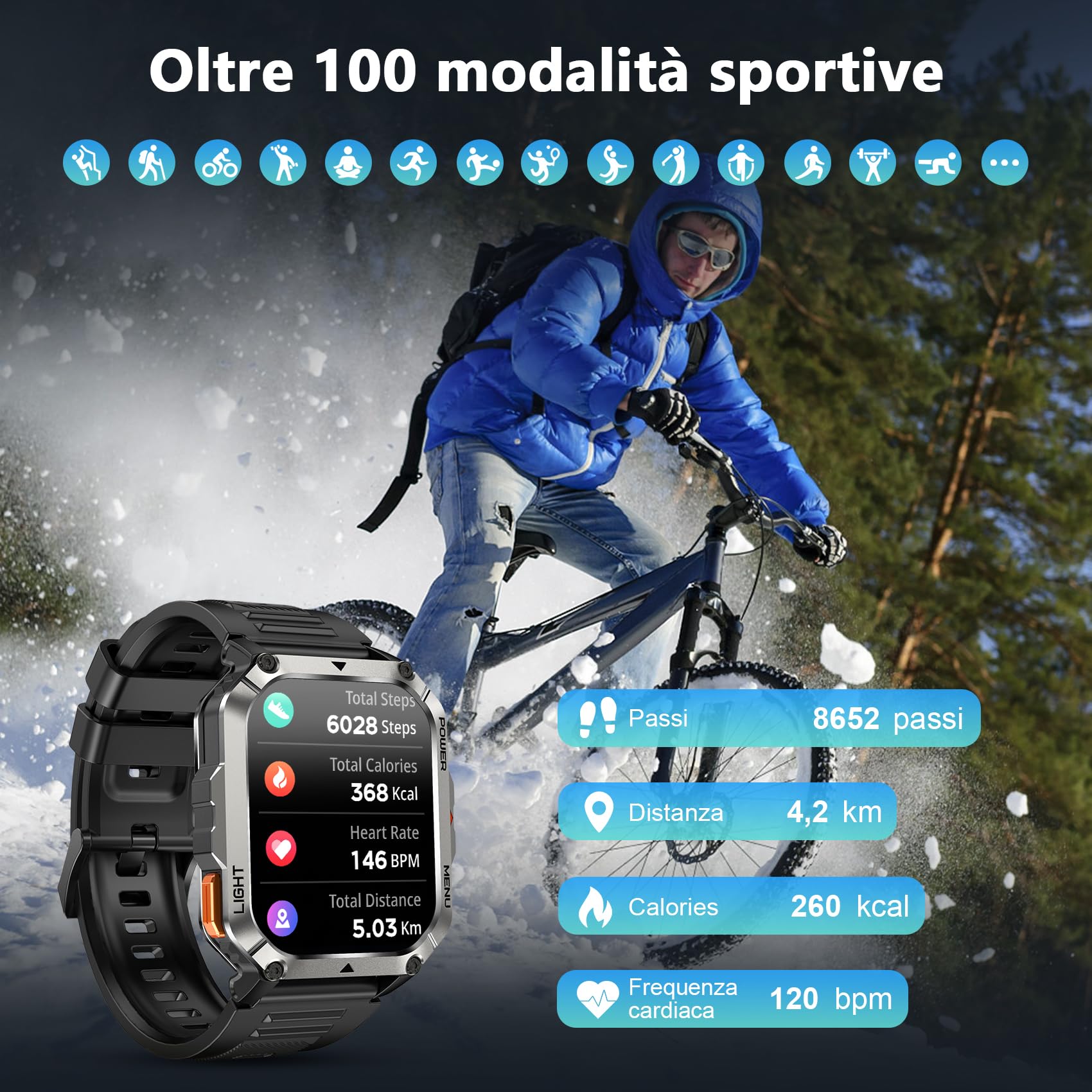 Blackview Smartwatch Uomo, Orologio Intelligente Fitness con Chiamate Bluetooth, 2.01" Militari Smart Watch Tracker 100+ Modalità Sportive/Cardiofrequenzimetro/SpO2/Torcia/Bussola per Android iOS