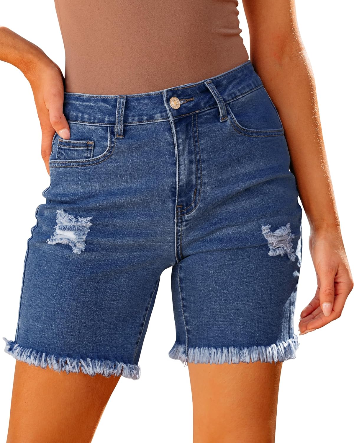 luvamia Jean Shorts for Women High Waisted Trendy Casual Distressed Stretchy Denim Long Shorts Ripped Raw Hem Shorts