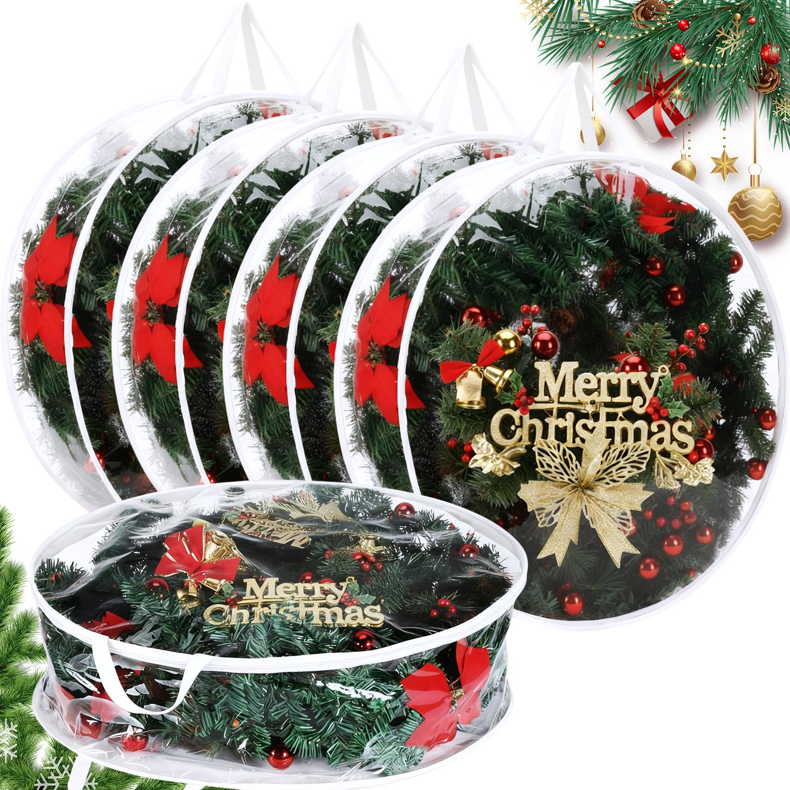 Sac de rangement couronne de Noël 61 cm transparent grand volume lot de 5