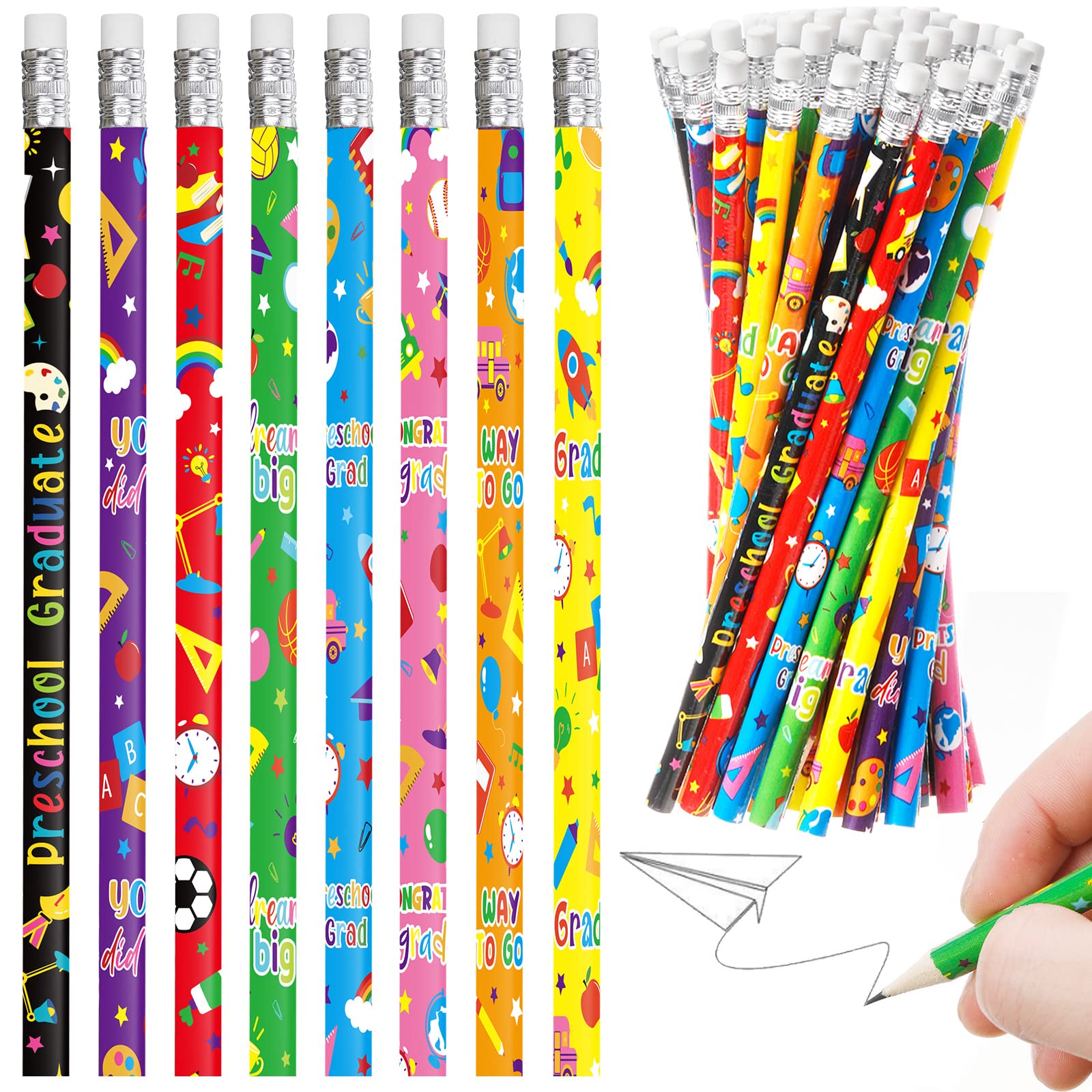 Outus Preschool Graduation Pencils Congrats Grad Wood Pencils Bulk Colorful Graduate Pencil with Erasers Graduation Gifts for Kids Party Classroom Office (96 Pcs)
